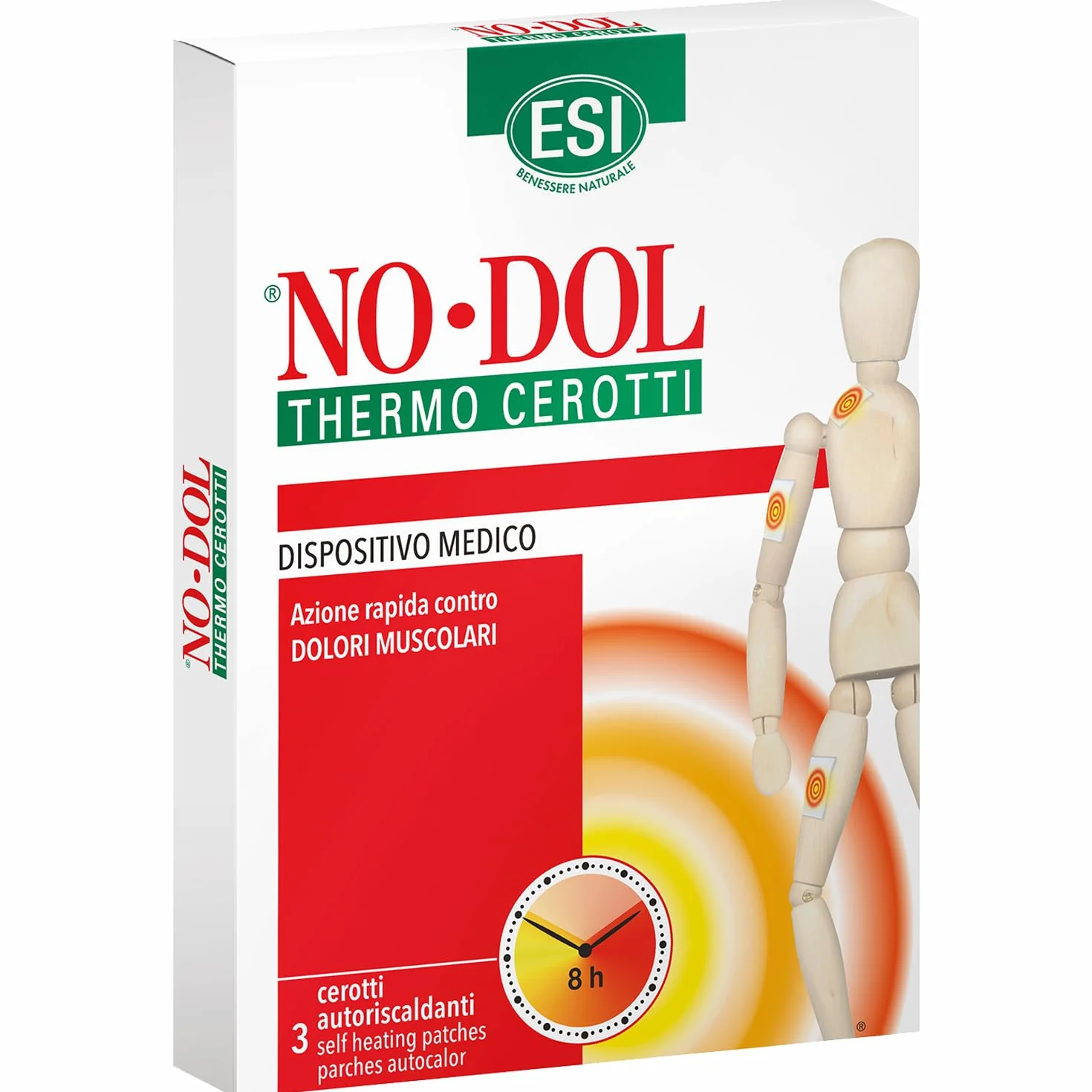 ESI - No-Dol Thermo Cerotti Termici Autoriscaldanti, Fonte di Calore di Origine Naturale, Allevia i Fastidi Reumatici e Muscolari, Riscaldano Fino a 8 Ore, Senza Coloranti e Parabeni, 3 Pezzi