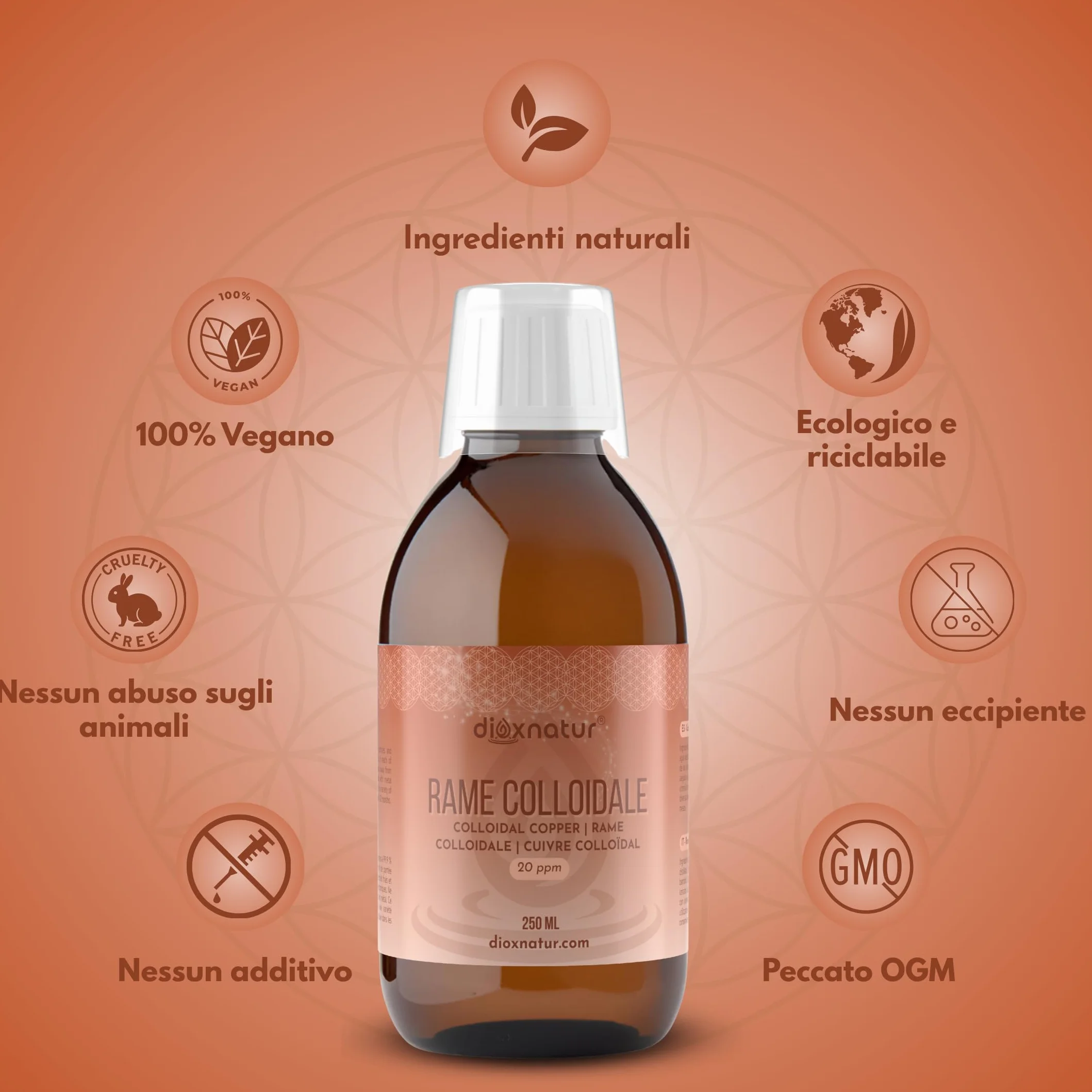 Rame colloidale 250 ml - Soluzione liquida 20 ppm - Purezza 99,99%