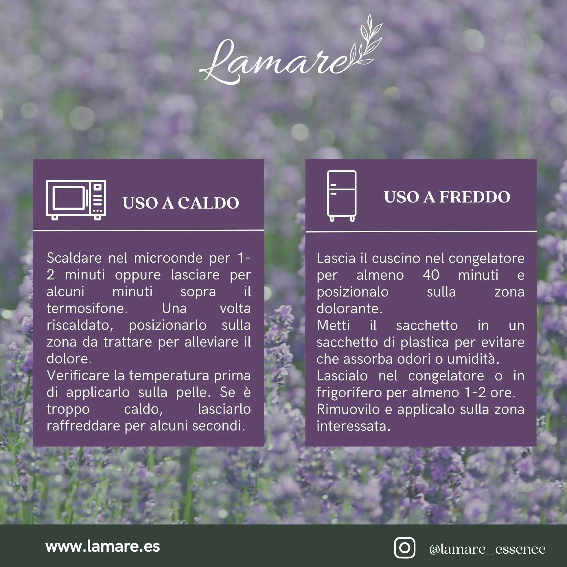 Lamare - Cuscino termico con semi di grano ecologico e lavanda, 48 x 15 cm, rivestimento lavabile 100% cotone, per cervicale e coliche, terapie a freddo e caldo, Lavanda stampata