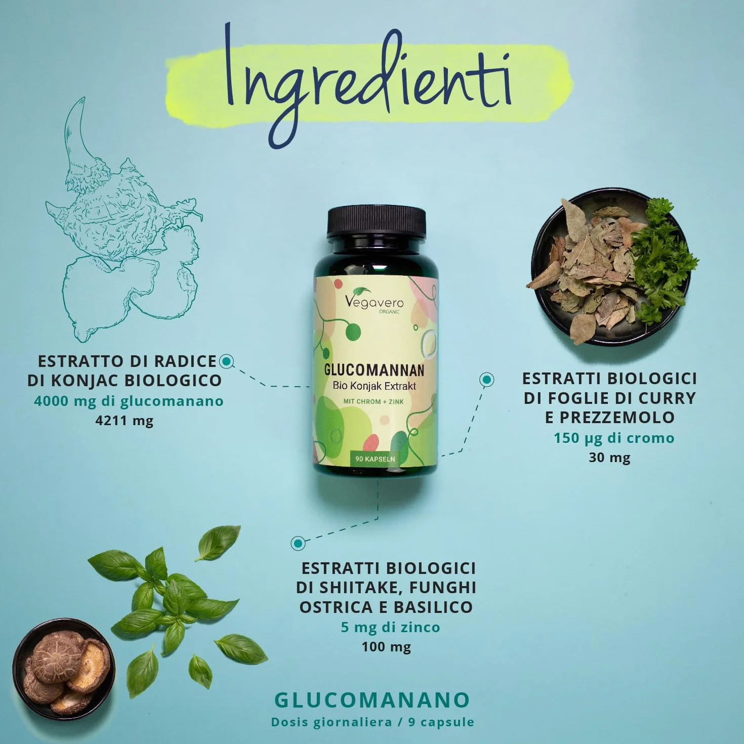 Glucomannano Forte | 4000 mg | con Cromo e Zinco | Alto Dosaggio | Senza Additivi | No OGM | Vegan | Vegavero®