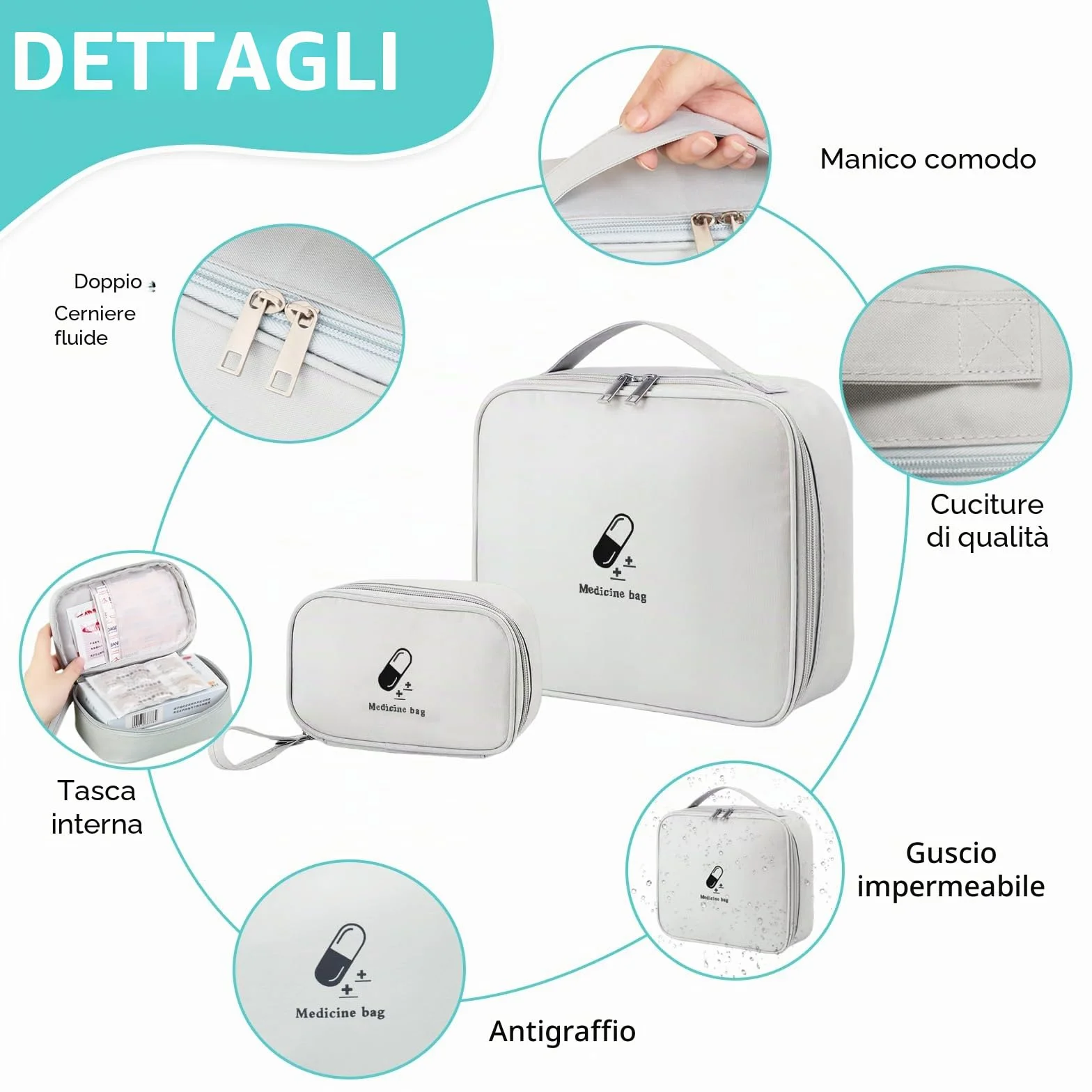 Kit Pronto Soccorso Da Viaggio 2 Pezzi, Cassetta Primo Soccorso, Borsa Medico, Grigio