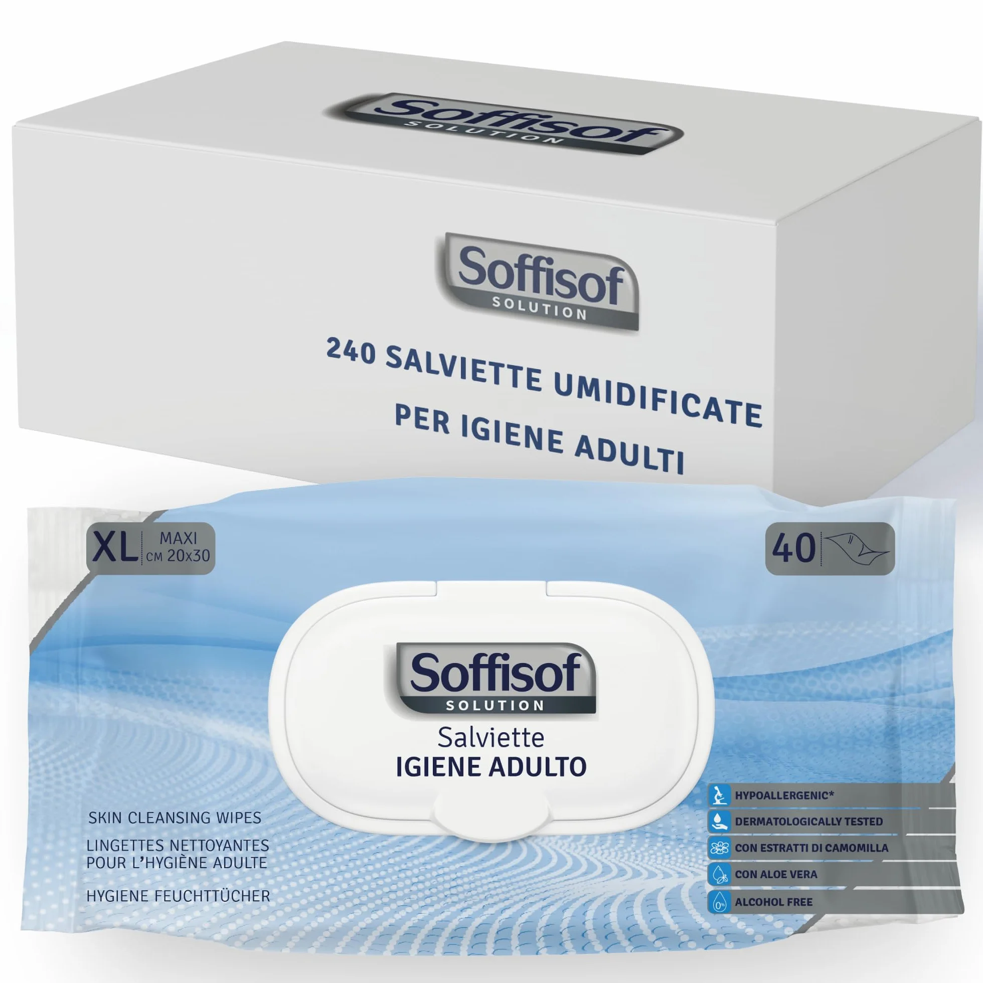 Soffisof Salviette Umidificate per Anziani 240x Adulti XL 20x30 cm 6 Confezioni