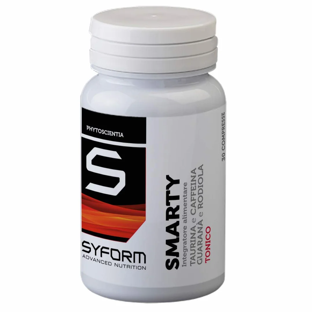SYFORM SMARTY INTEGRATORE ALIMENTARE, Taurina e Caffeina, Guaranà e Rodiola. Adrenalina pura, tono, energia e concentrazione. per sport, palestra, allenamento muscolatura (30 Compresse)
