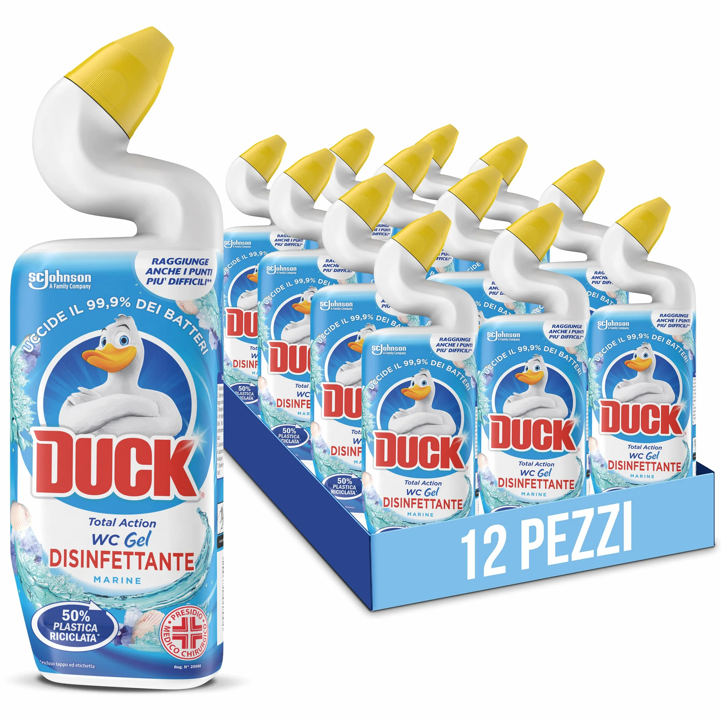 Duck WC Gel Disinfettante - Liquido per WC, Uccide fino al 99,9% dei batteri, Fragranza Marine, Formato Scorta da 12 pezzi