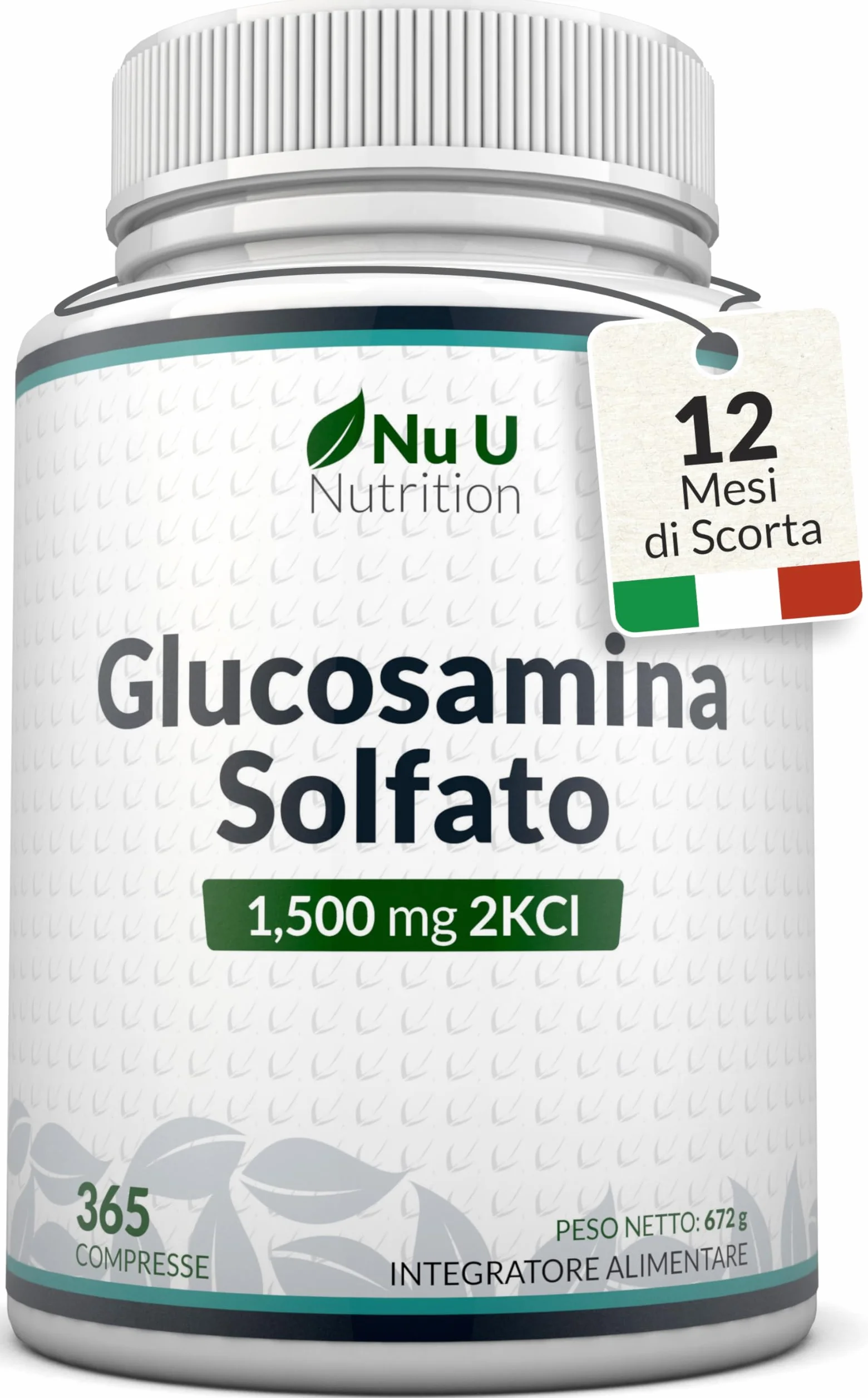 Glucosamina Solfato 1500 mg 2KCl Alto Dosaggio - 365 Compresse non Capsule - 1 Anno di Durata - Integratore per Articolazioni - Prodotto in Europa - Nu U Nutrition