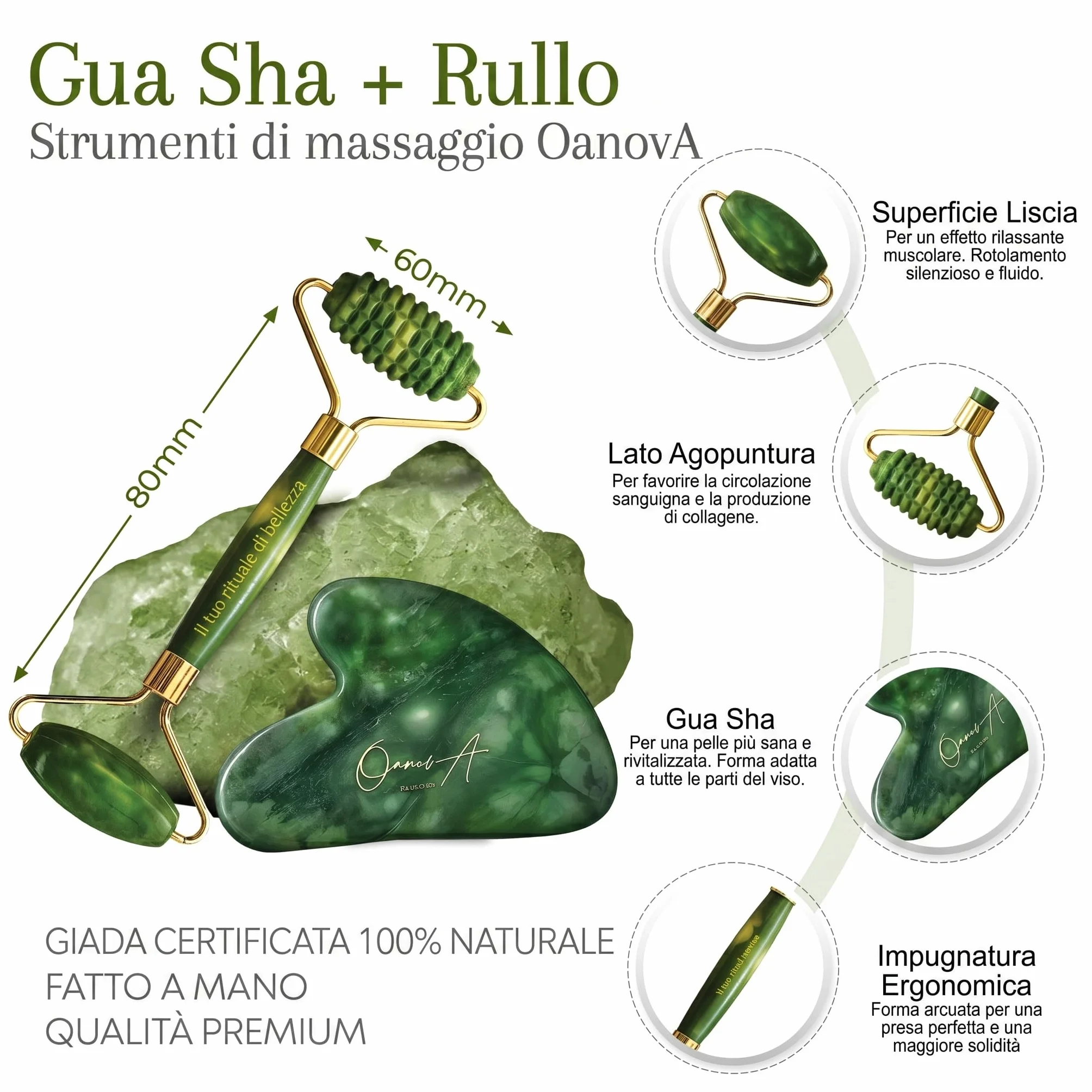 Kit Gua Sha per Viso e Corpo & Roller | Pietra Di Giada Verde | Massaggio Antirughe & Drenaggio Linfatico | Lifting Mento Doppio | Guasha | Maderotherapy | Gasha | Raffinare Shaper del Viso [OanovA]