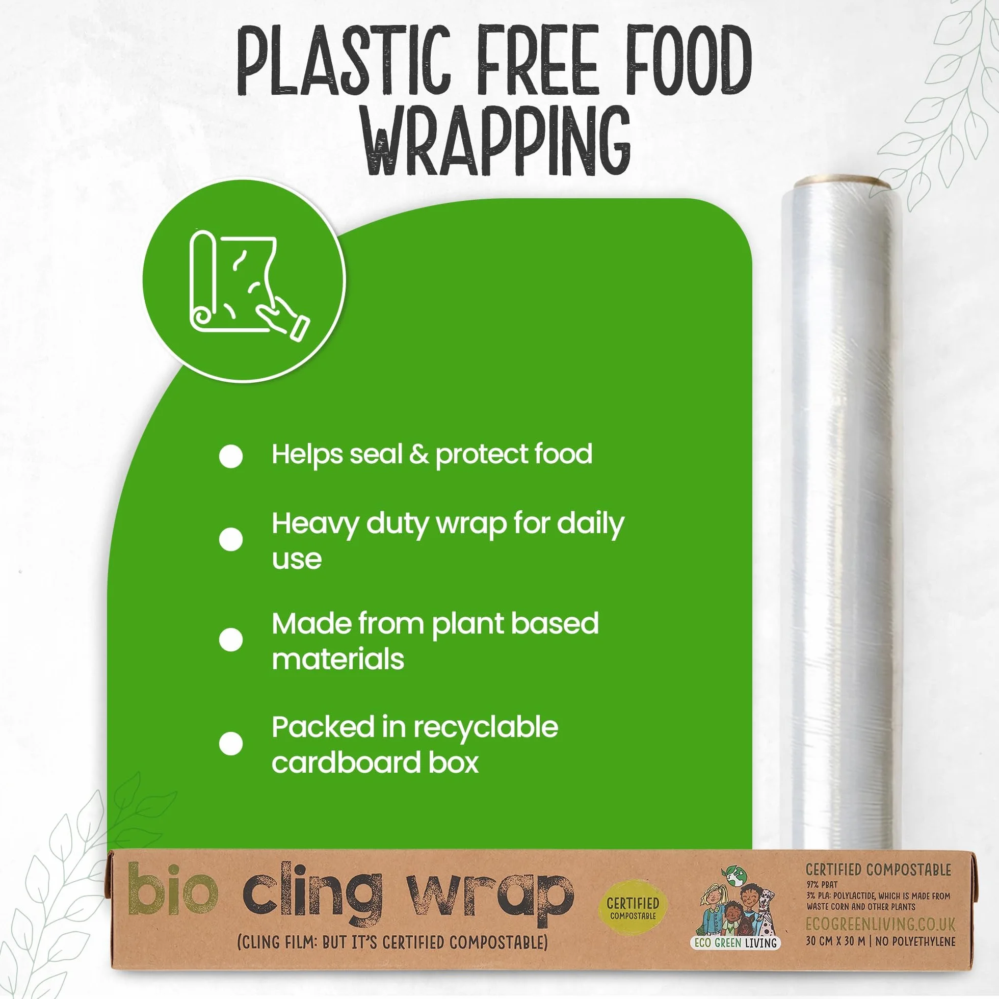 Pellicola trasparente biodegradabile Eco Green Living, 100% compostabile, senza BPA e plastica, vegana, adatta a dispenser in cartone riciclabile. Confezione da 3 rotoli da 30 cm x 30 m