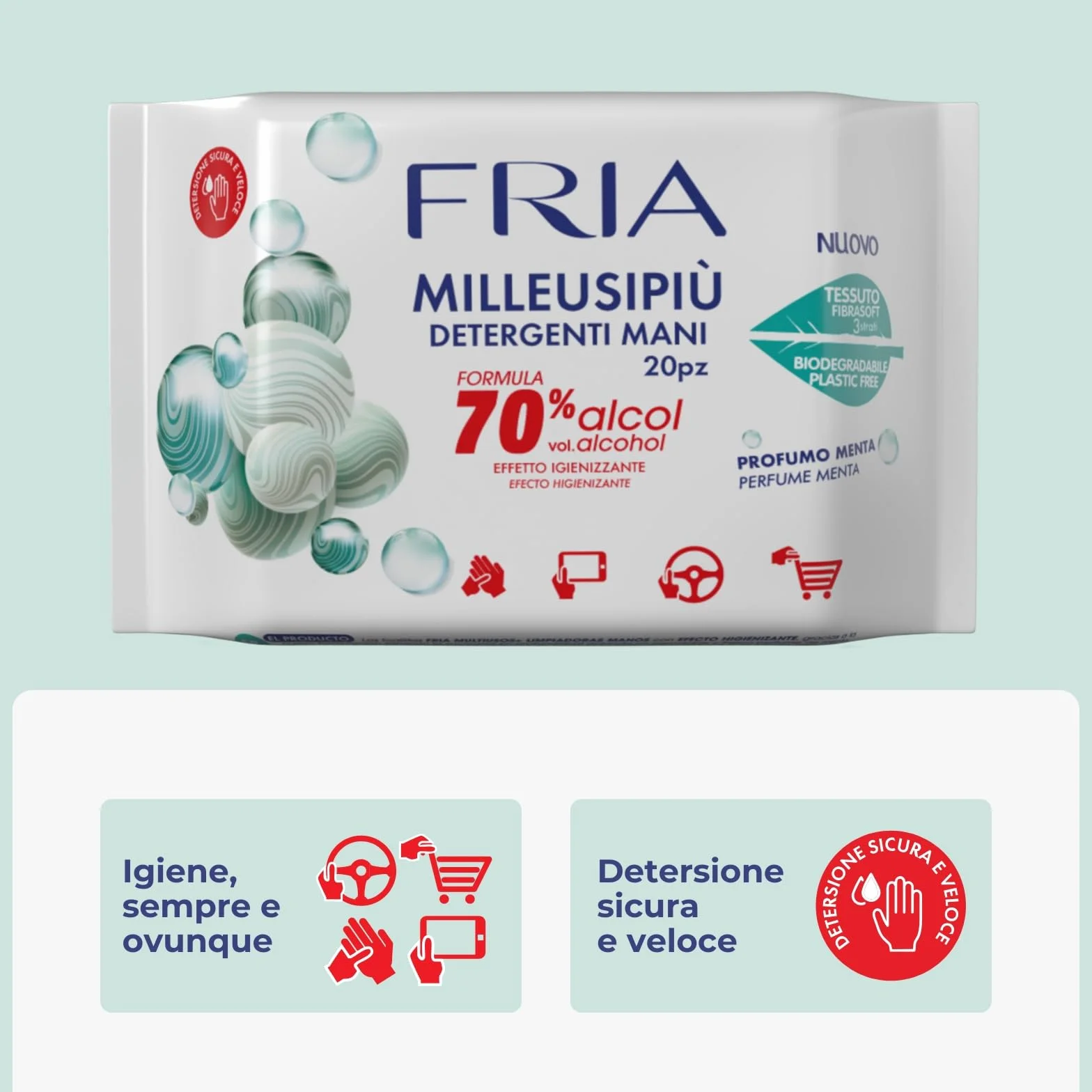 Fria MilleusiPiù Igienizzanti Salviette Detergenti 70% Alcol Tessuto Fibrasoft 3 Strati Biodegradabile 20 sztuk