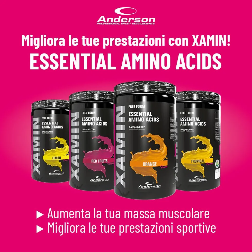 Anderson 312g Aminoacidi Essenziali - Red Fruit, 17.2% Leucina, 14.5% Lisina, 10.8% Valina, 9.4% Fenilalanina, 9.2% Isoleucina, 8.6% Treonina, 5.4% Metionina, 2.1% Triptofano - XAMIN