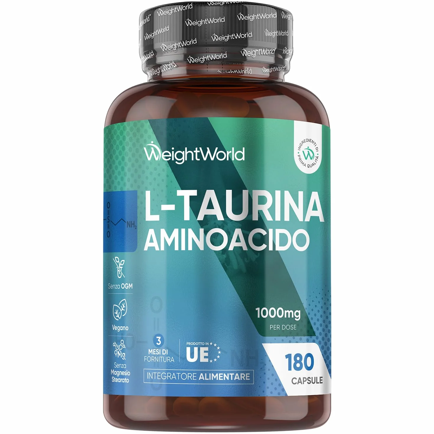 Taurina Integratore 1000mg 180 Capsule Polvere Vegana Aminoacidi Essenziali Pre Workout Post Workout Prodotto in Europa