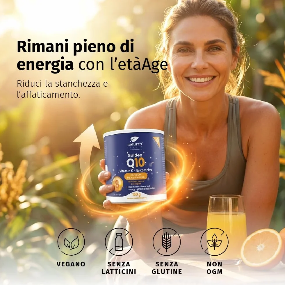Nature's Finest Golden Q10, 150 g - Coenzima Q10 con Vitamina C in Polvere e Complesso Vitamina B - Integratore Alimentare in Polvere Gusto Arancia