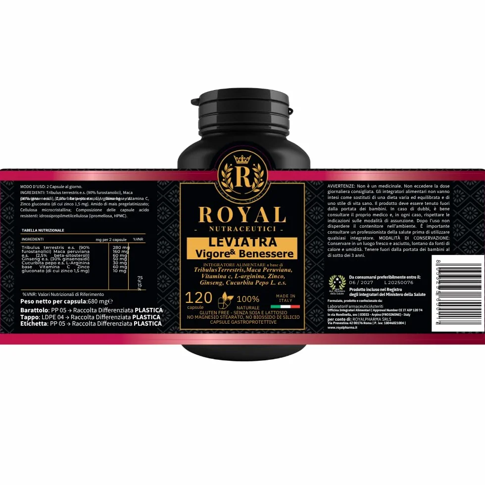 Royal Nutraceutici Integratore Prostata Uomo Tribulus Terrestris Maca Peruviana Vitamina C Zinco 120 Capsule