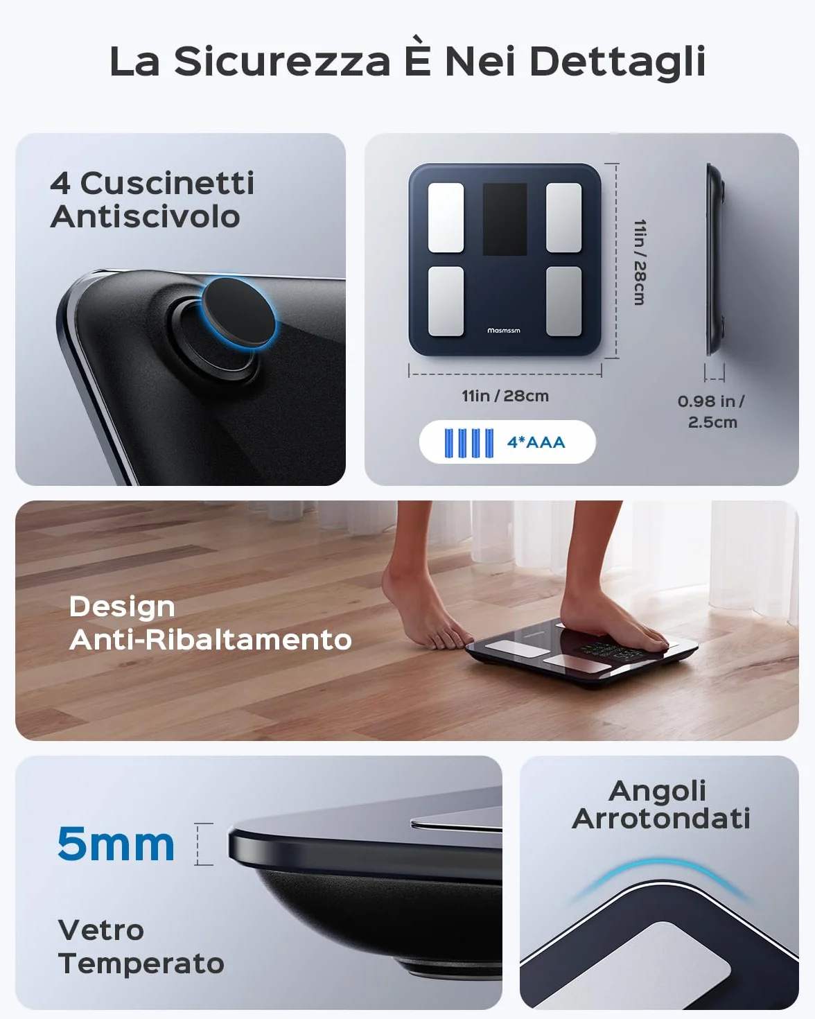 Bilancia Pesapersone Digitale Impedenziometrica 8-in-1 22 Metriche BMI Grasso Corporeo Frequenza Cardiaca Max 180kg/400lb