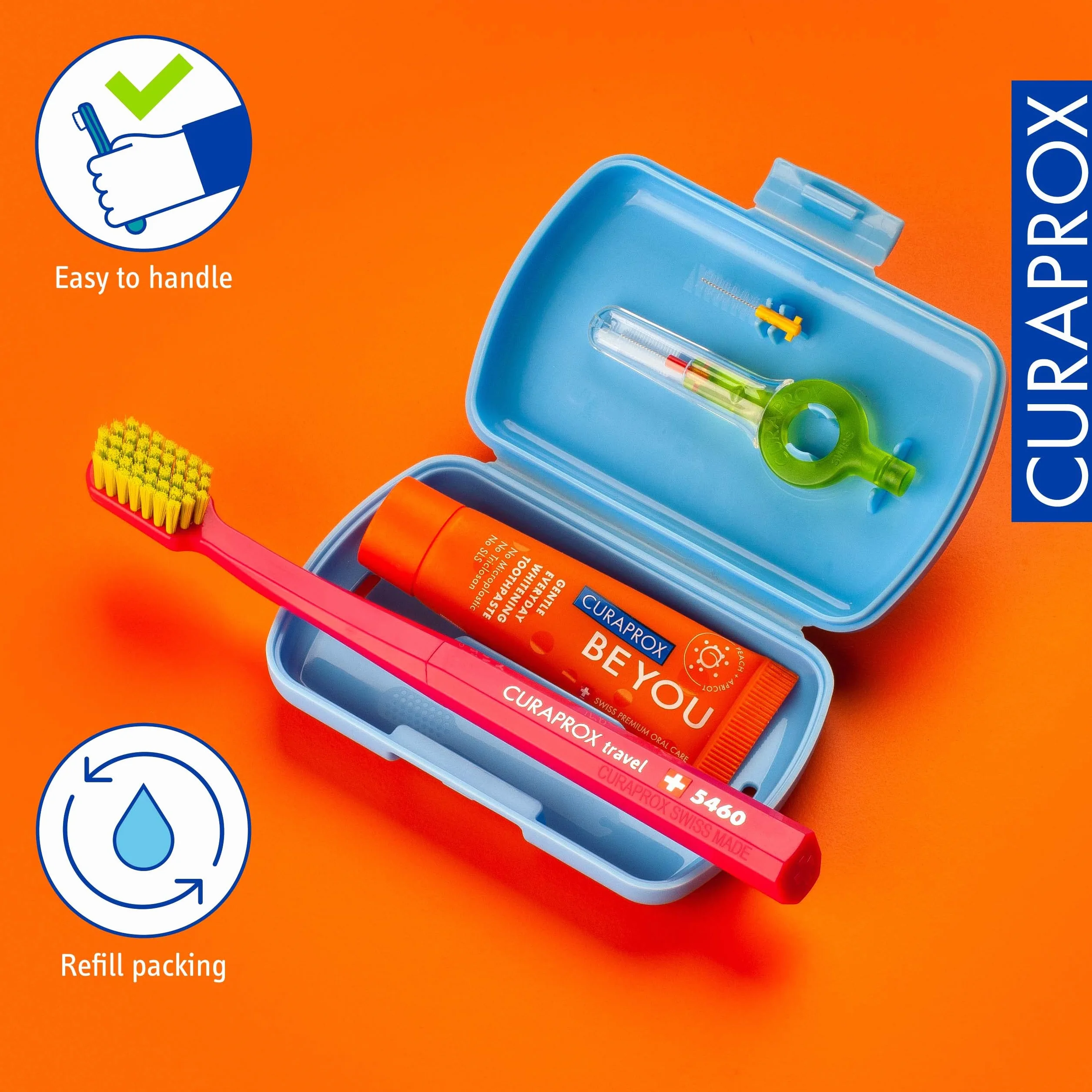 Curaprox Travel Kit-CS 5460 Spazzolino da denti con dentifricio "Be You" | 2 Scovolini CPS Prime 07 e 09 / Dental Care Kit 9,5 cm x 6 cm/Blu/Made in Switzerland