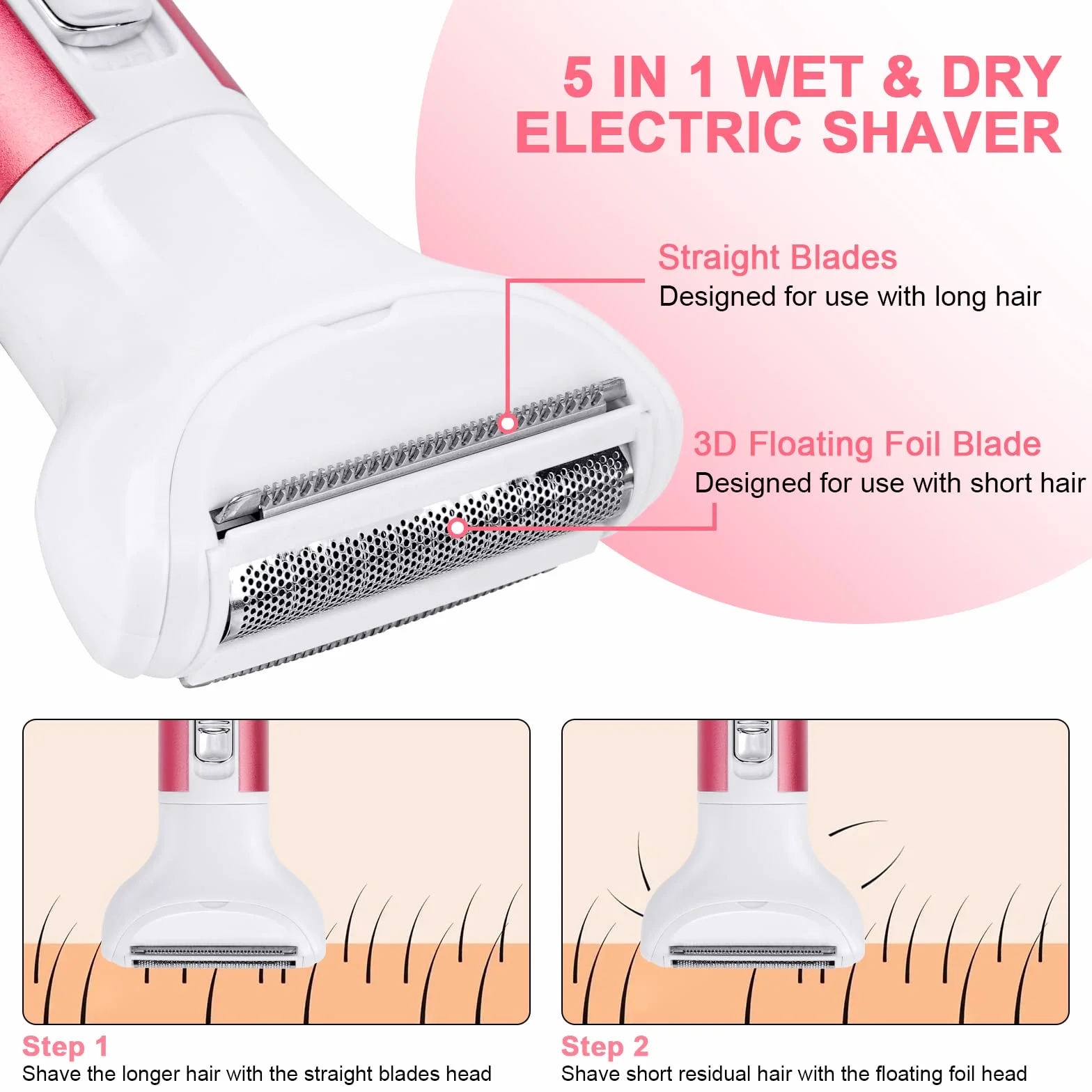 ACWOO Rasoio Elettrico Donna, 5 in 1 Indolore, Senza Fili, Multifunzione a Secco e Bagnato per Una Rasatura Delicata e Accurata, Impermeabile