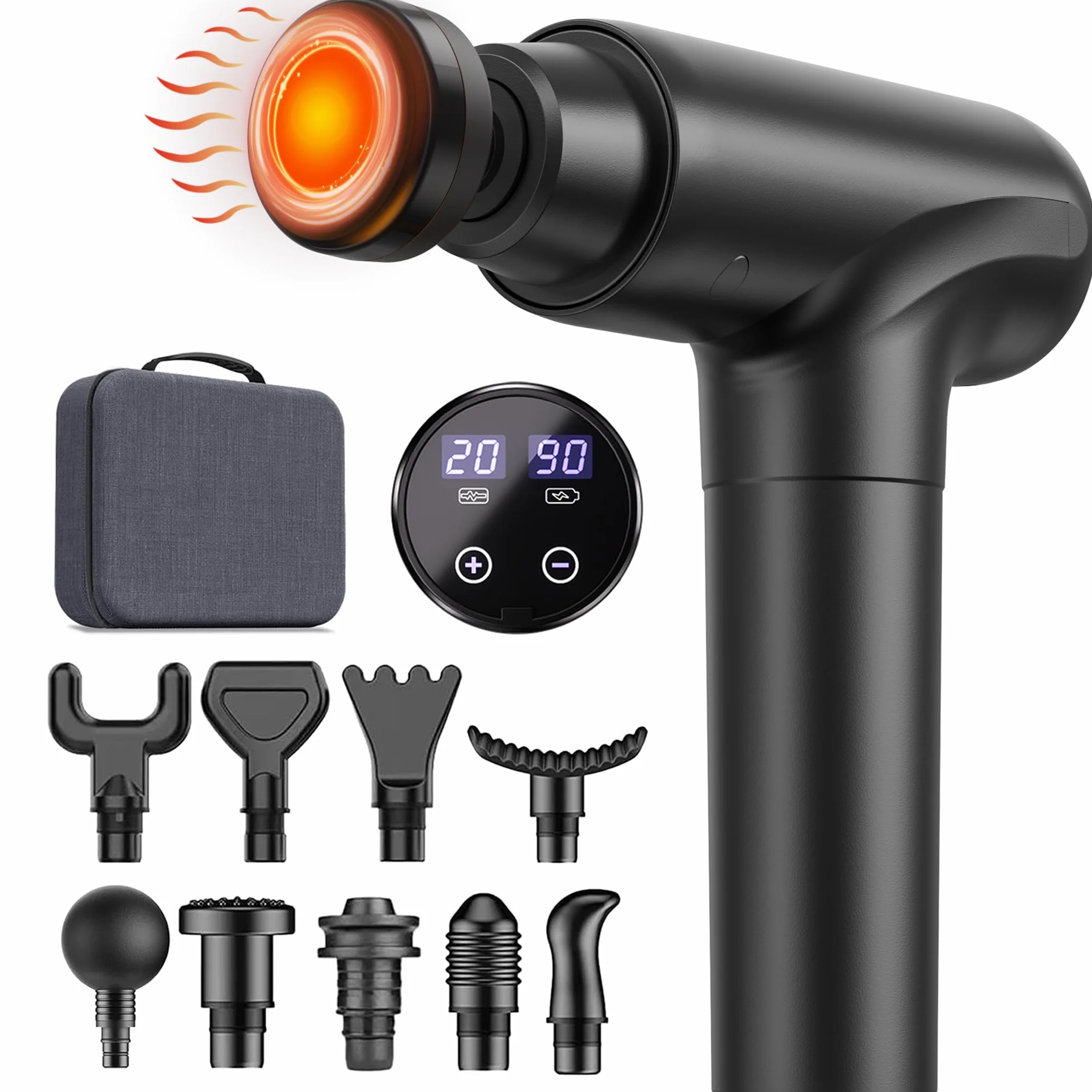 Cotsoco Pistola Massaggio Muscolare con Calore, 20 Velocità e 10 Testine, Massaggiatore a Percussione con Schermo LED Touch, Silenziosa con Borsa da Trasporto