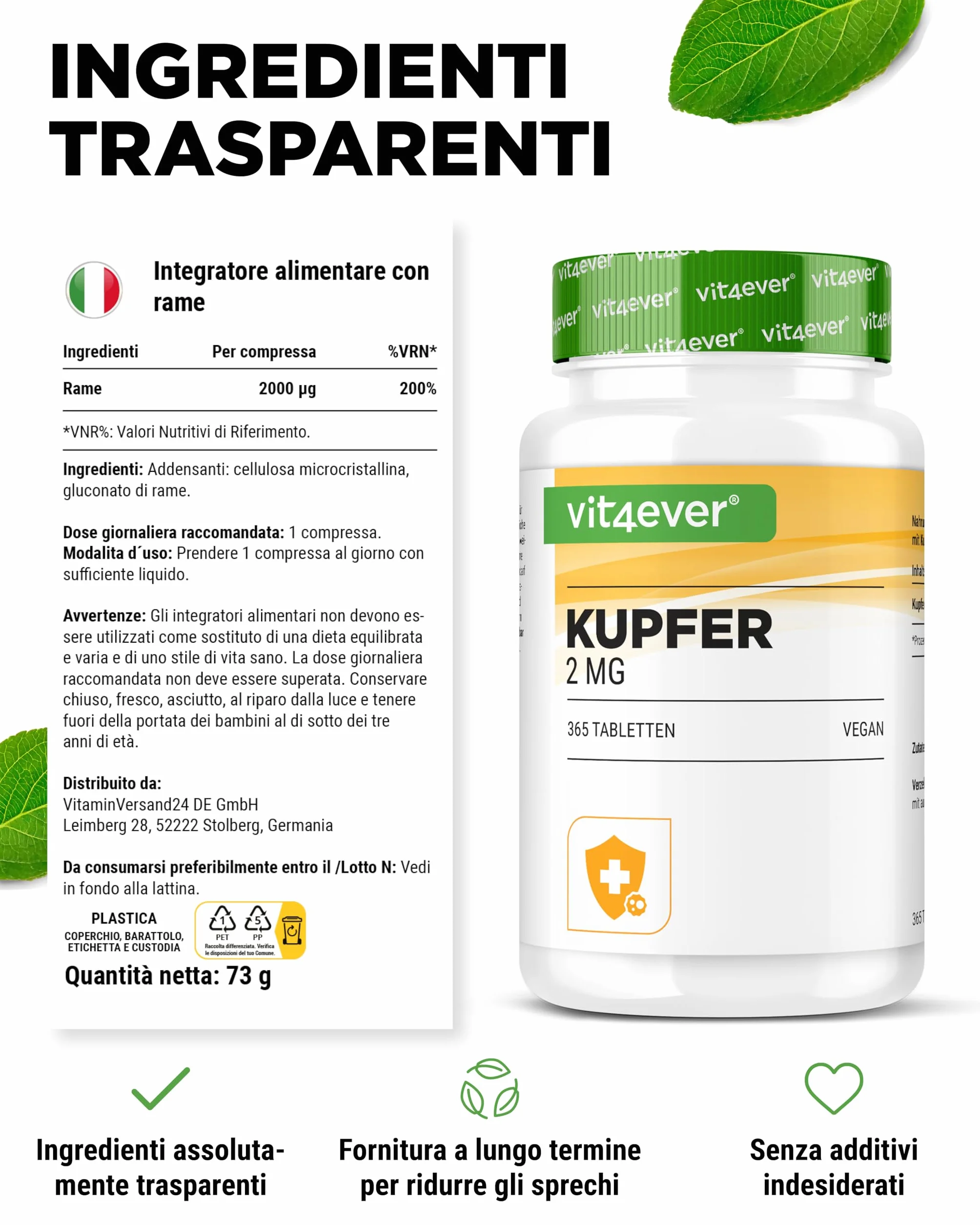 Rame - 365 compresse da 2 mg ciascuna - Fornitura per 1 anno - Elevata biodisponibilità - Rame gluconato - Altamente dosato - Vegano - Senza indesiderabili