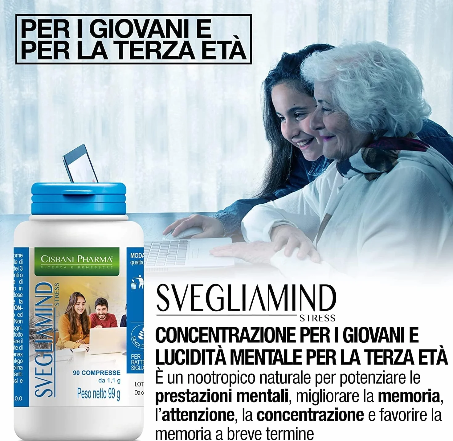 CISBANI PHARMA SVEGLIAMIND, Integratore Nootropico per Concentrazione e Memoria - 90 compresse con Ginkgo Biloba, Fosforo, Magnesio, Taurina, Ginseng, Vitamina b6 e Colina, Riduce la stanchezza
