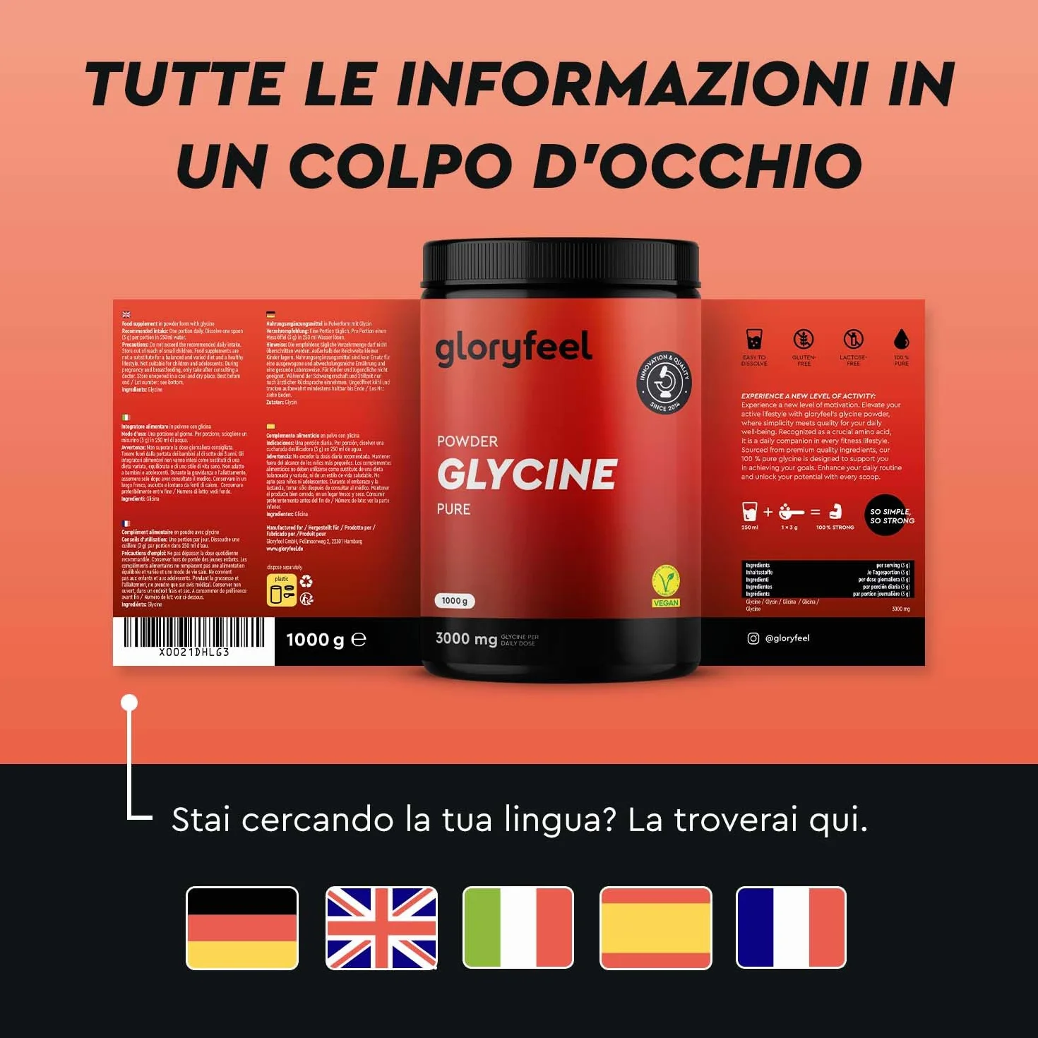 Glicina in Polvere 1 kg (330 Porzioni) - Alta Concentrazione 3000mg di L-Glicina al Giorno - Puro Aminoacido Naturalmente Dolce - Rapida Solubilità - Testata in Laboratorio, Vegan e Senza Additivi