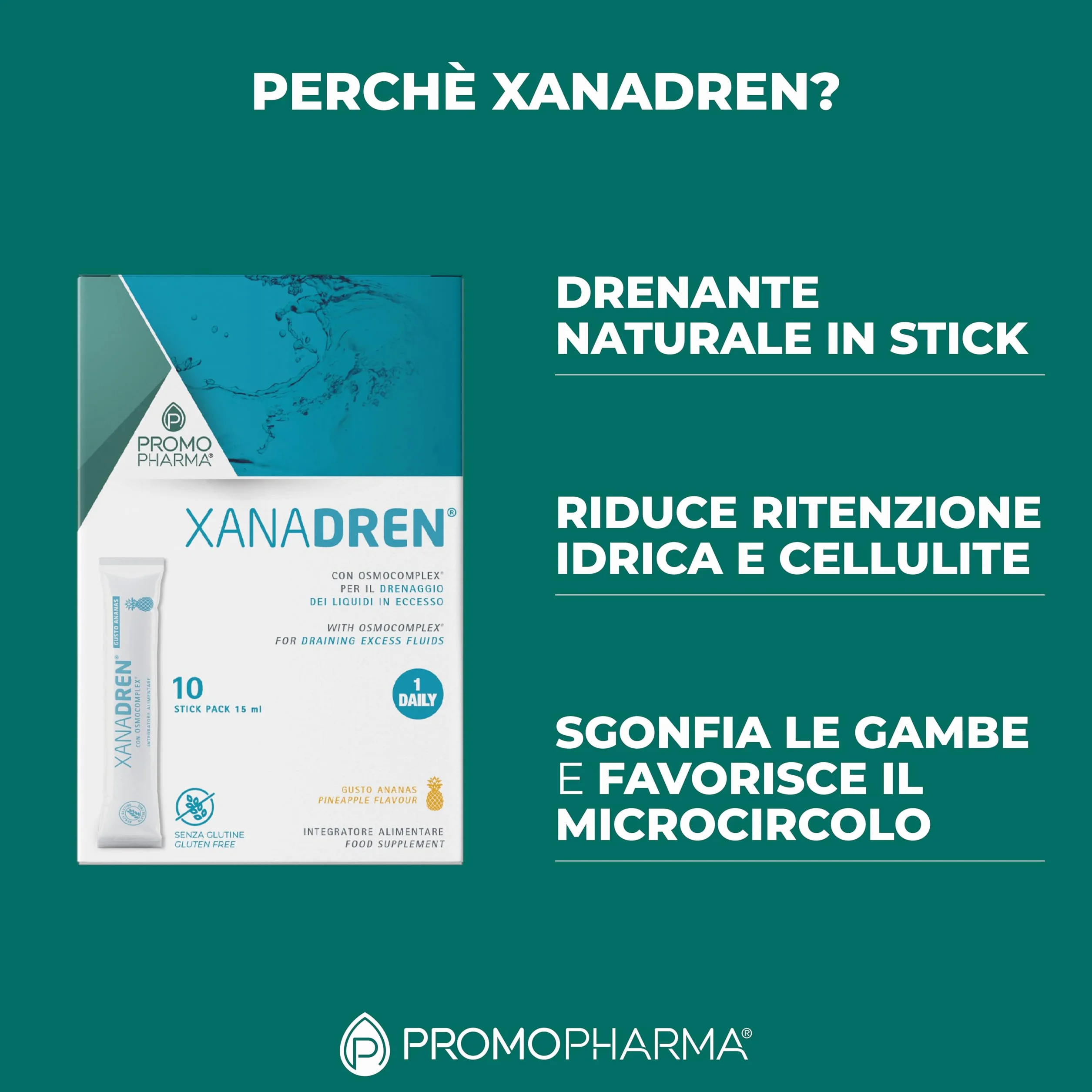 Xanadren MD Integratore Alimentare Betulla Pilosella Equiseto Ortica Drenante Diuresi Ananas 10 Stick 15 ml