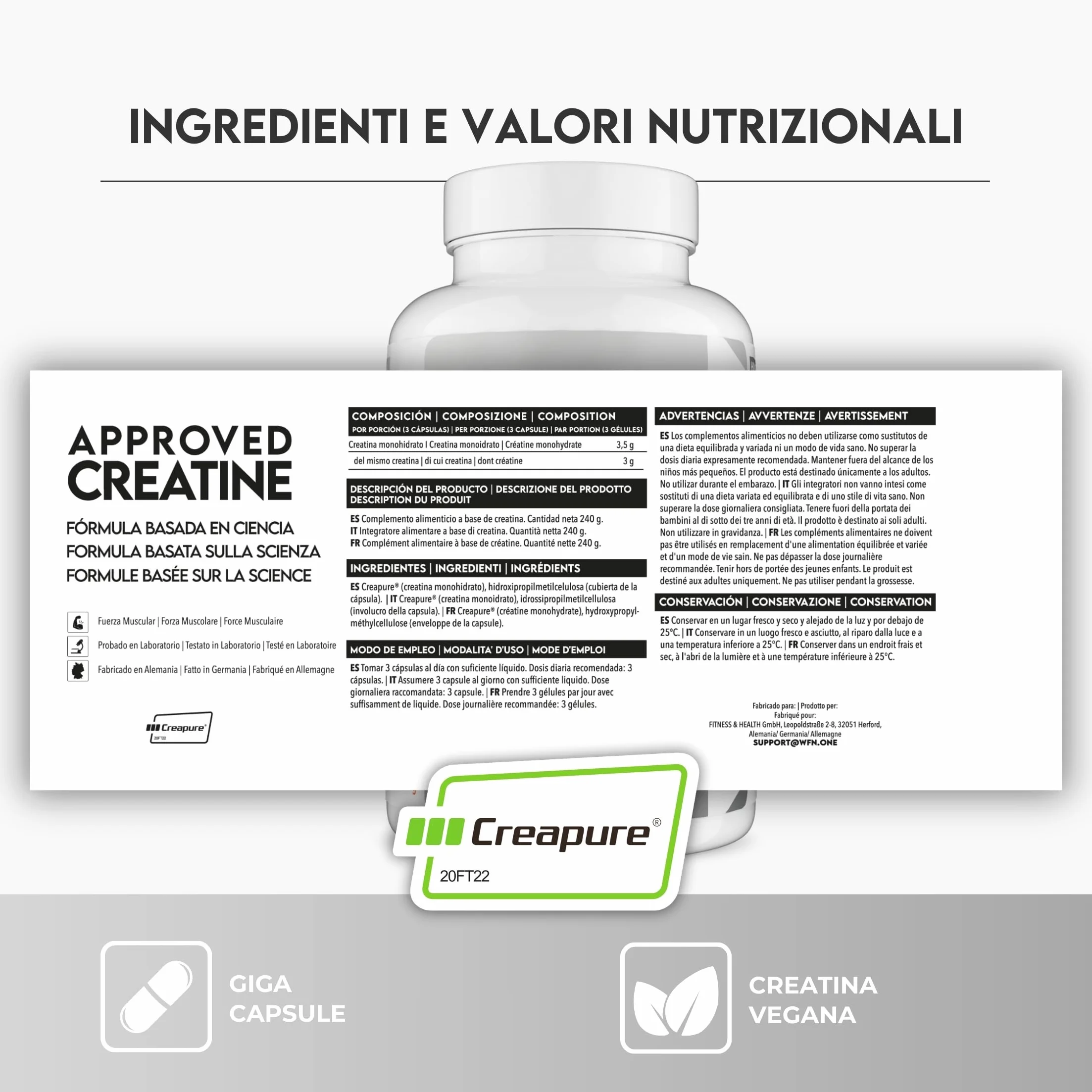 WFN Approved Creatine Caps - Creapure - 180 Capsule di creatina - Giga Caps ad alta dose - Pura creatina monoidrato - Vegano - 60 Porzioni - Prodotto in Germania - Testato in laboratorio esterno