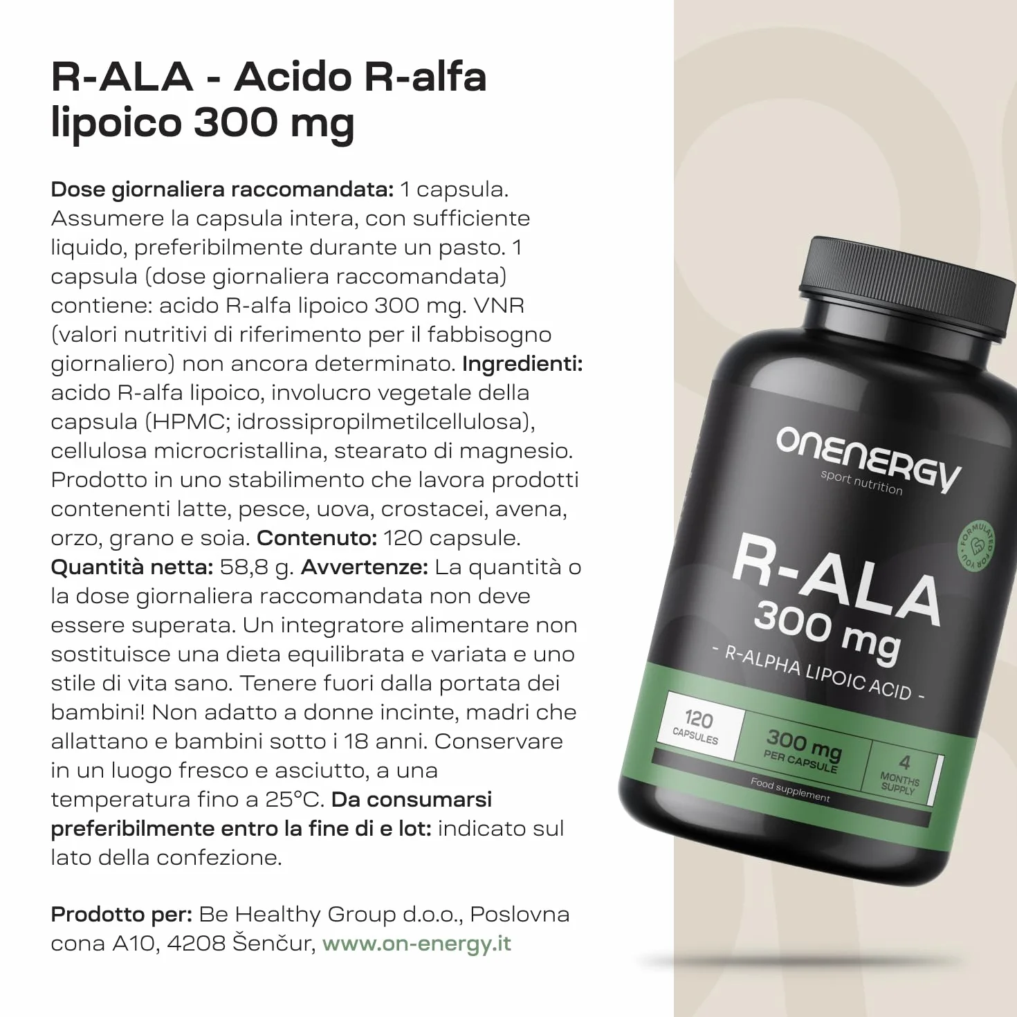 Acido R-alfa Lipoico 300 mg 120 Capsule Vegetali R-ALA