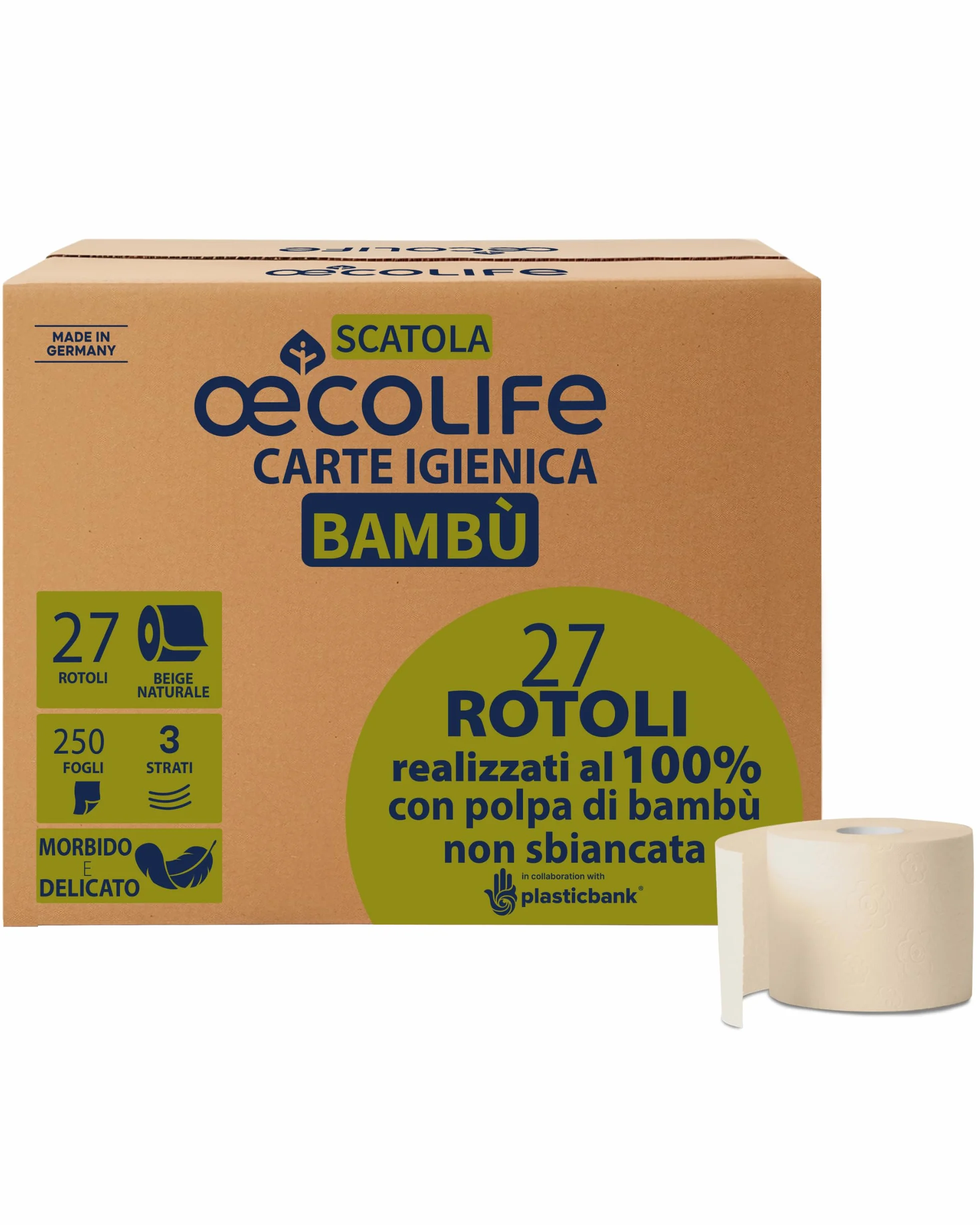 Oecolife scatola di carta igienica in bambù 3 strati 27 rotoli 250 fogli vegana sostenibile