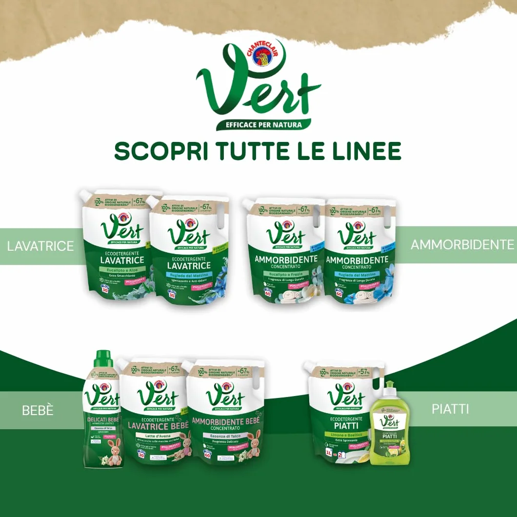 Vert - Ecodetergente Piatti - Fragranza Limone e Basilico, 100% Origine Naturale, Funzione Extra Sgrassante e Risciacquo Facile, Ipoallergenico, Adatto anche a Pelli Sensibili - Flacone da 1000ml