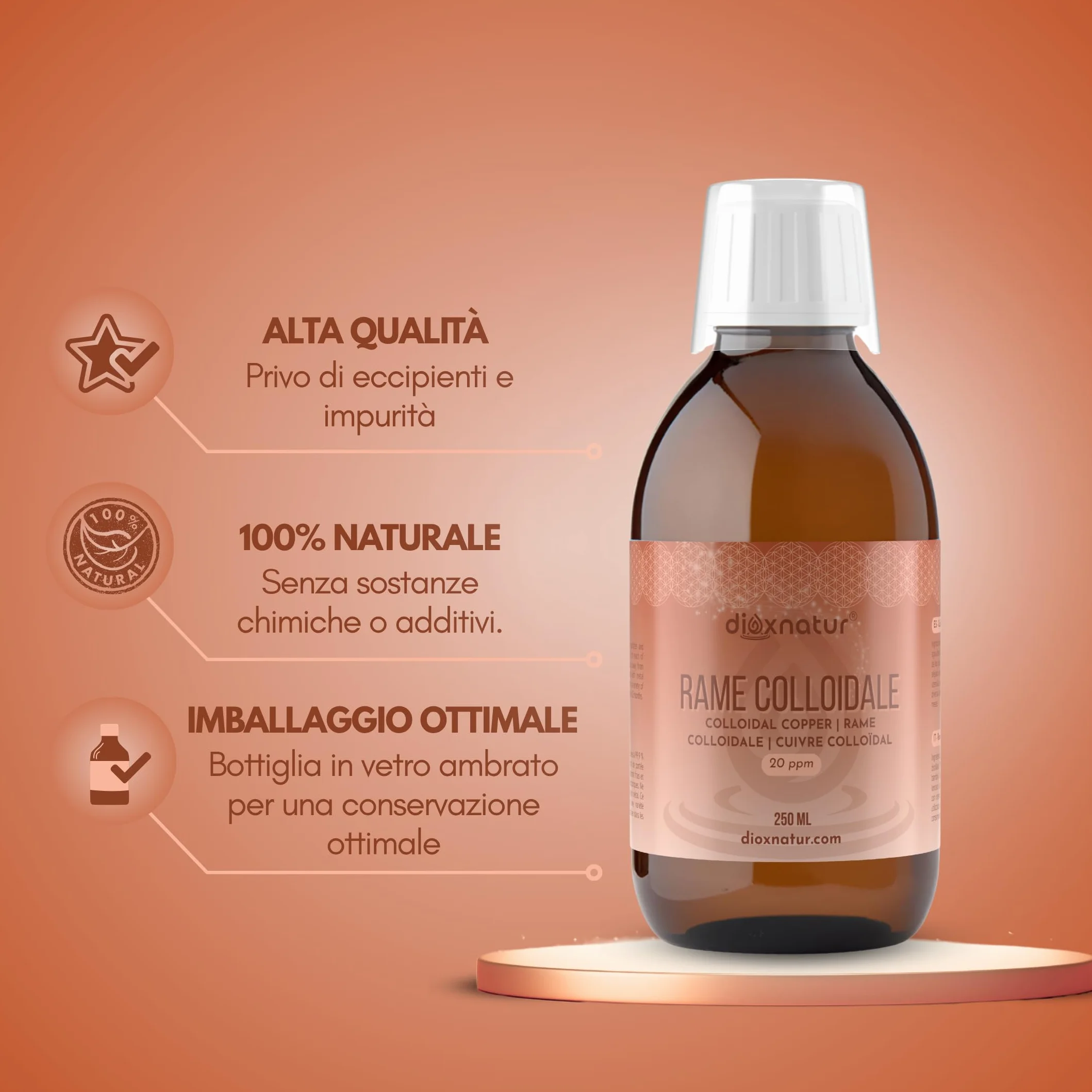 Rame colloidale 250 ml - Soluzione liquida 20 ppm - Purezza 99,99%