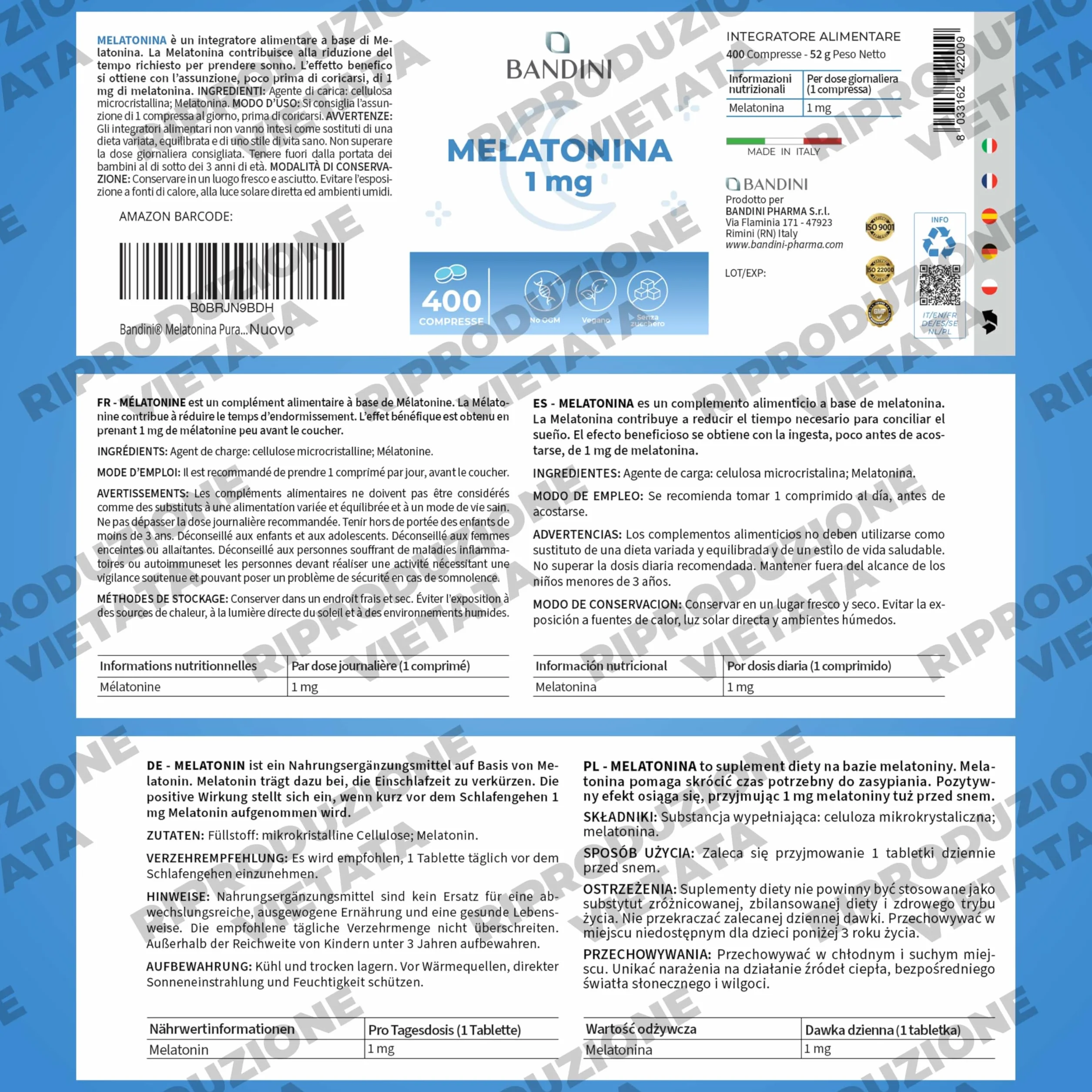 Bandini Melatonina Forte Pura 400 Compresse Integratore per Dormire 1mg Vegana