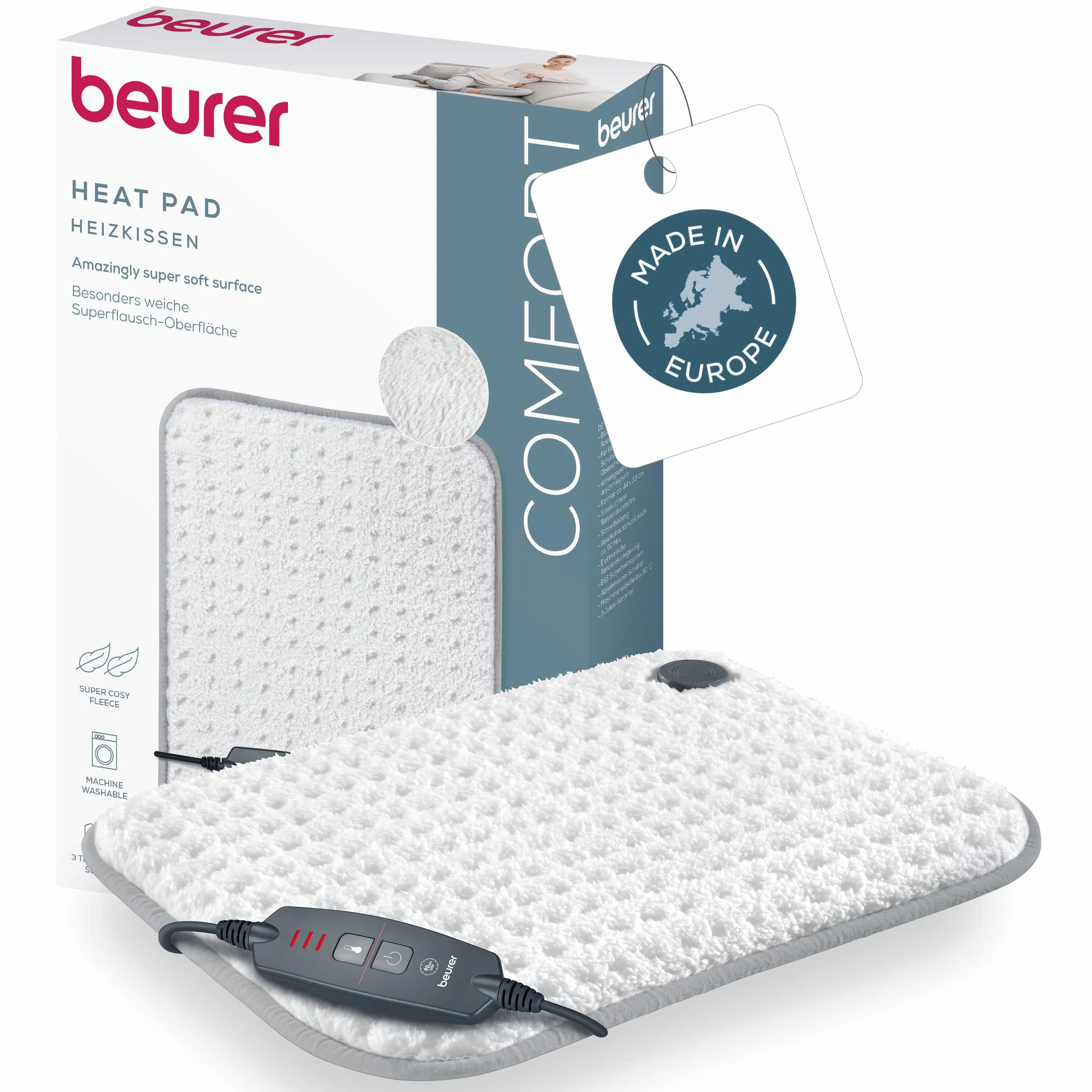 Beurer HK 43 termoforo, tappetino termico extra morbido con spegnimento automatico e 3 livelli di temperatura, con riscaldamento rapido, lavabile in lavatrice fino a 30 °C, Bianco