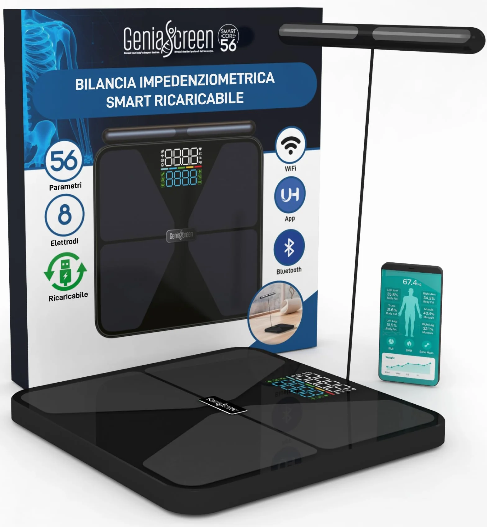 Bilancia Impedenziometrica Smart Wi-Fi Pesapersone Digitale 56 Misurazioni Vetro Temperato 32x30cm 180Kg GeniaScreen SmartCore Display LED Bluetooth