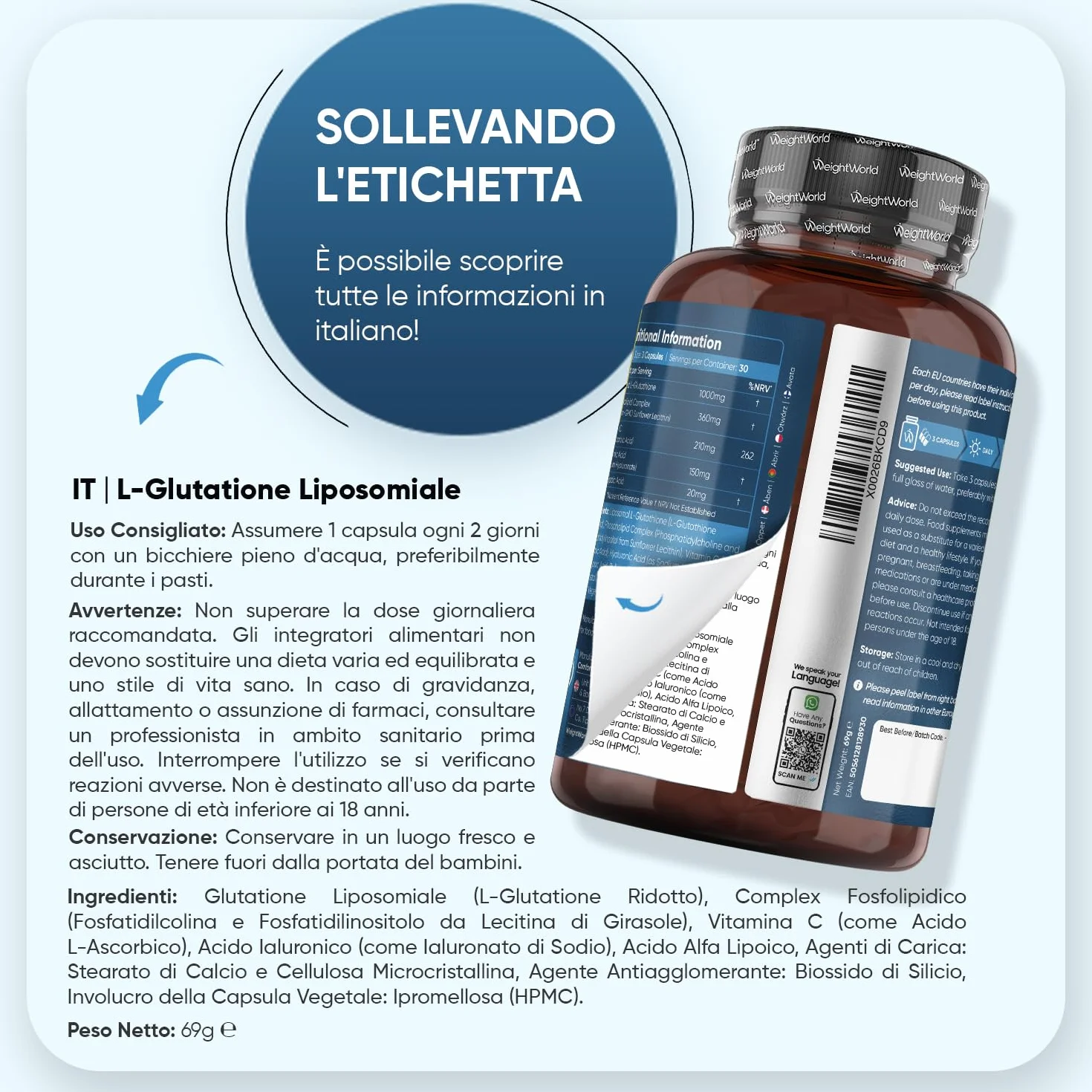 Glutatione Liposomiale Ridotto, 90 Capsule Vegane, Vitamina C, Acido Alfa Lipoico, Acido Ialuronico, La Vitamina C Contribuisce Alla Protezione Delle Cellule Dallo Stress Ossidativo (EFSA), Senza OGM