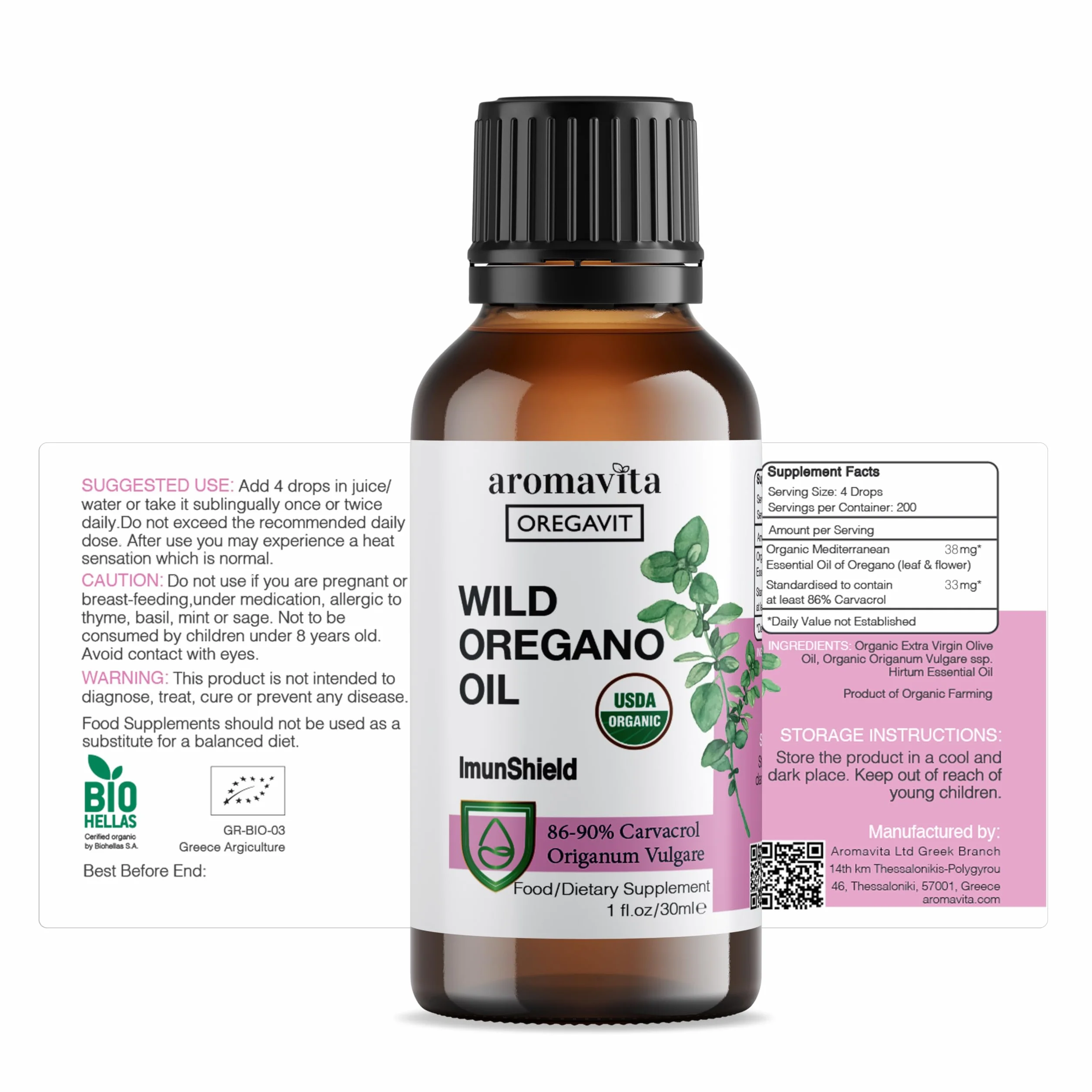 Olio di origano greco selvatico Integratore 86-90% Carvacrolo Biologico Vegano Senza Glutine 30 ml