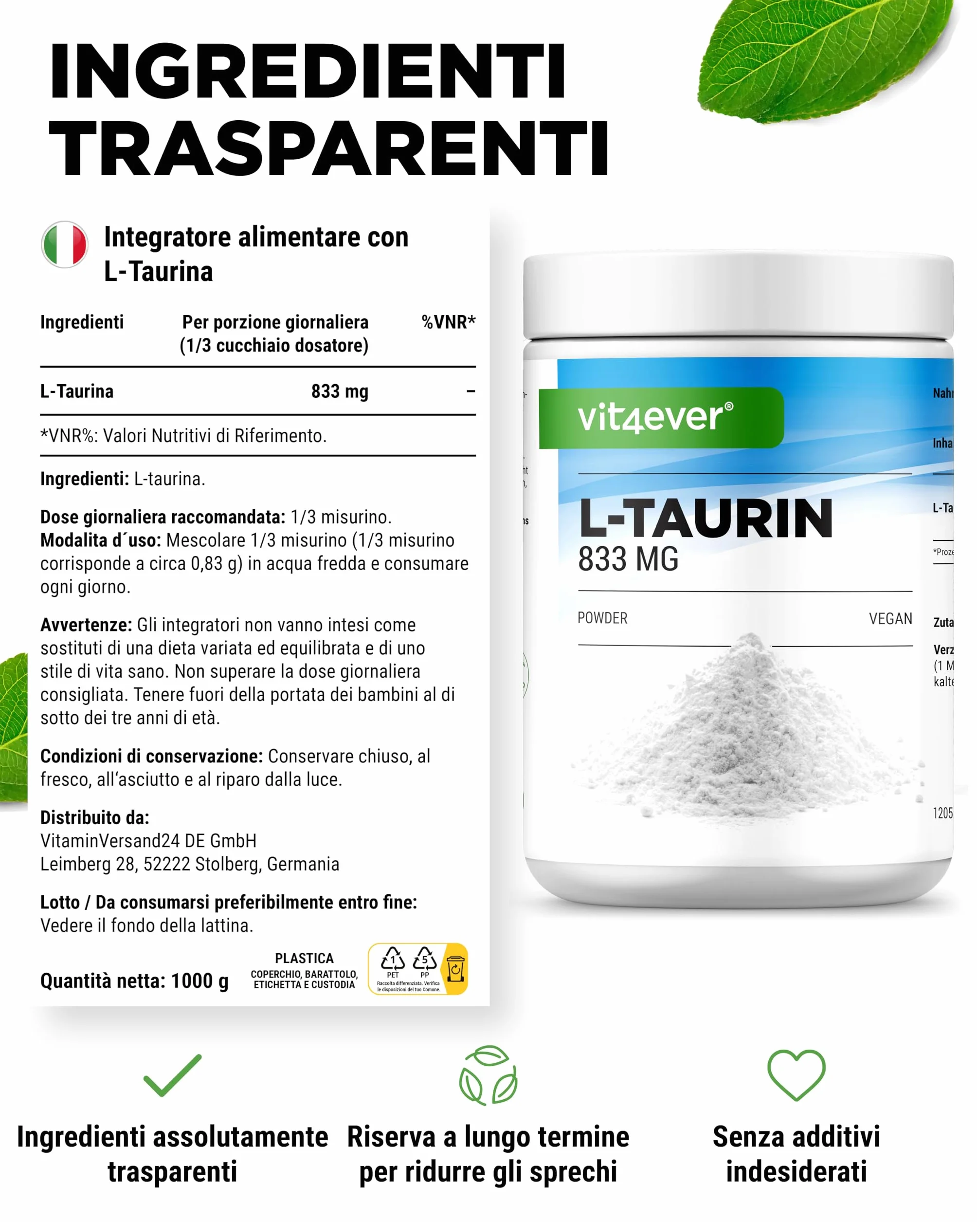 Taurina in polvere - 1000g (1kg) - Solubilità ottimale - Vegan - 99% di purezza - Qualità Premium testata in laboratorio - L-Taurina Aminoacido