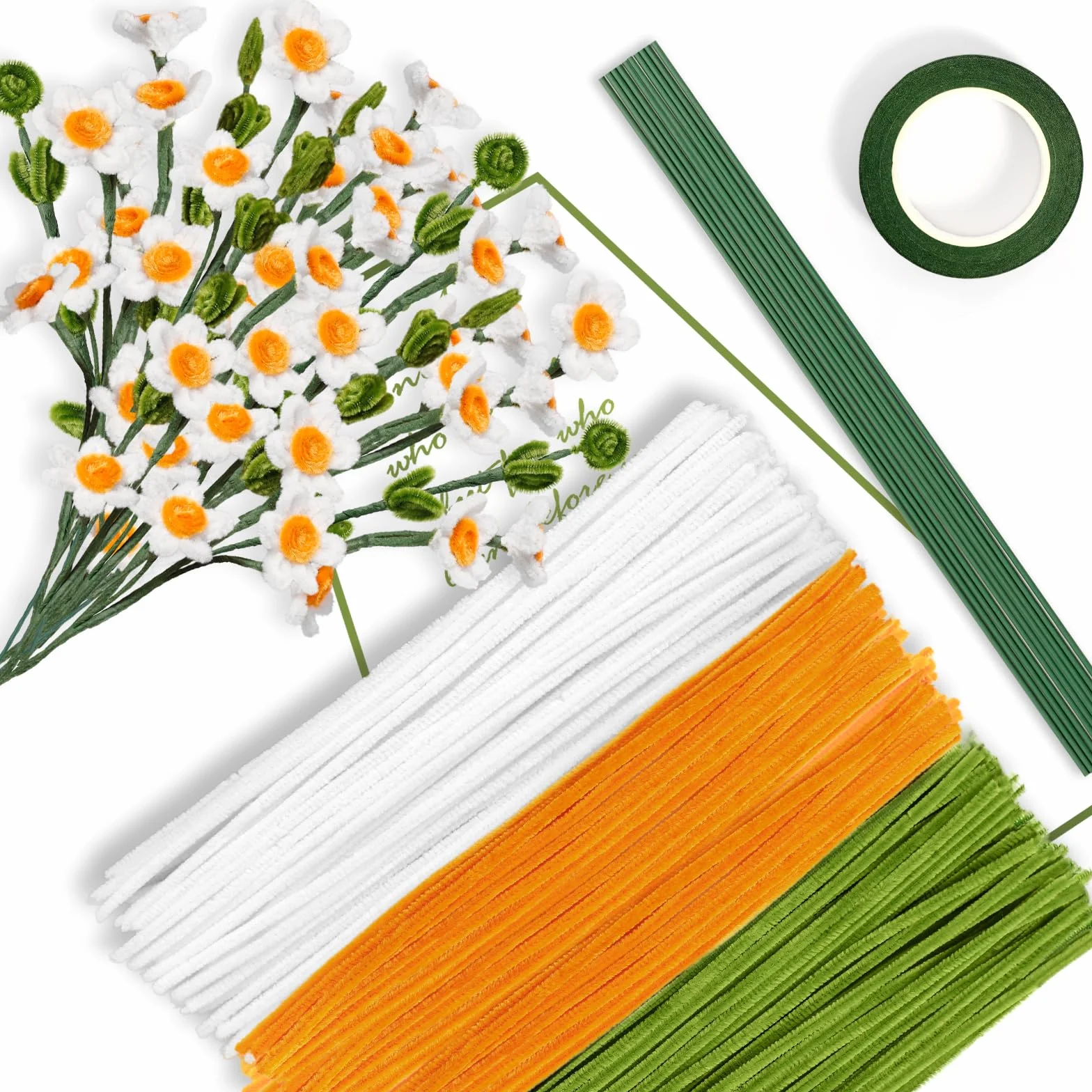 Daisy - Detergente per pipa per bouquet, 300 pezzi, per fai da te, filo di ciniglia, pulitore per pipe, con nastro e bastoncini per fiori, per progetti artigianali (verde, oro, bianco