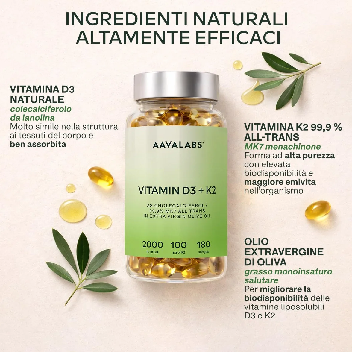 Vitamina D3 K2 2000 UI + MK7 100 μg Olio Extravergine d'Oliva 180 Capsule