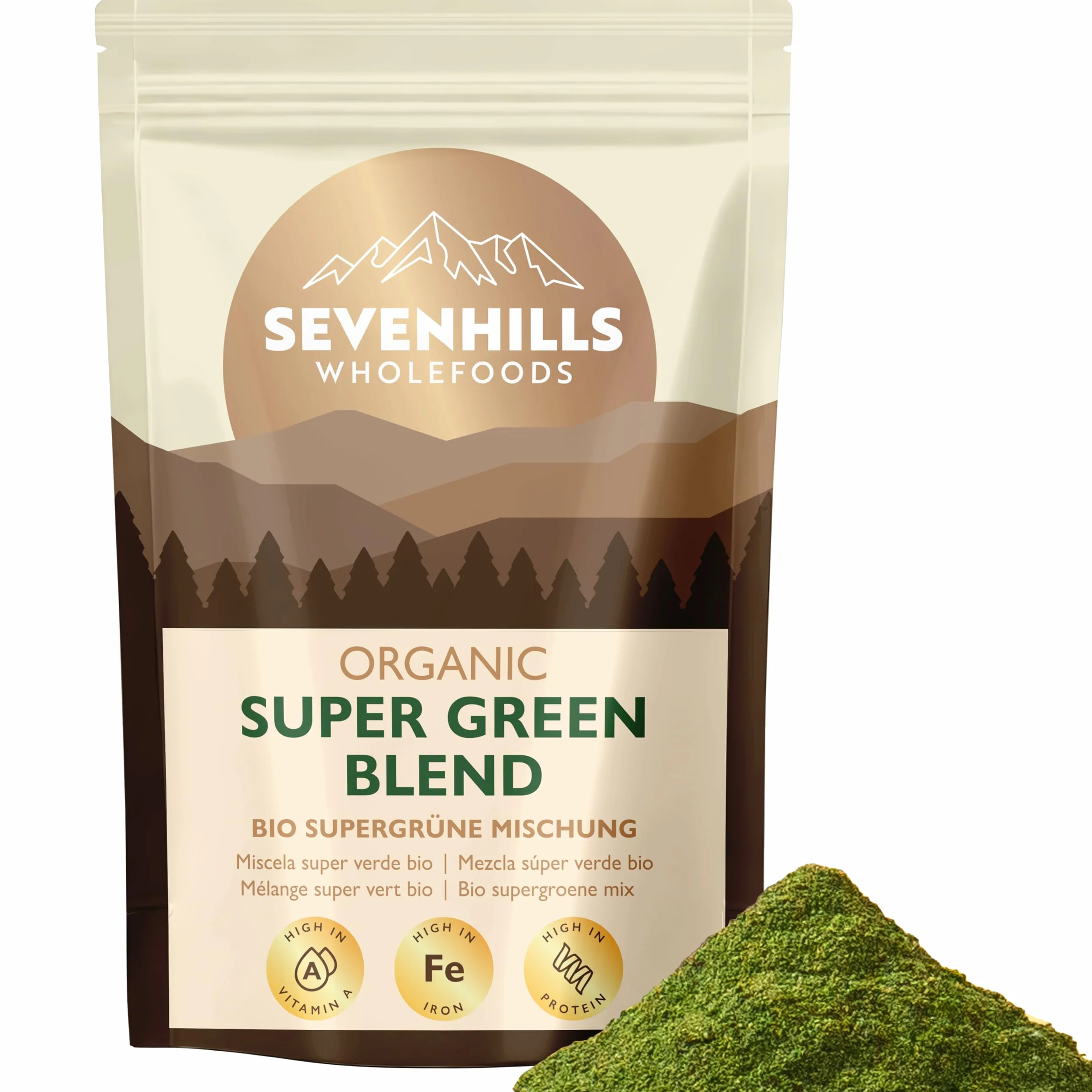 Sevenhills Wholefoods Miscela Super Greens Biologica Spirulina Clorella Erba Grano Orzo 400g Polvere Superalimenti Verdi