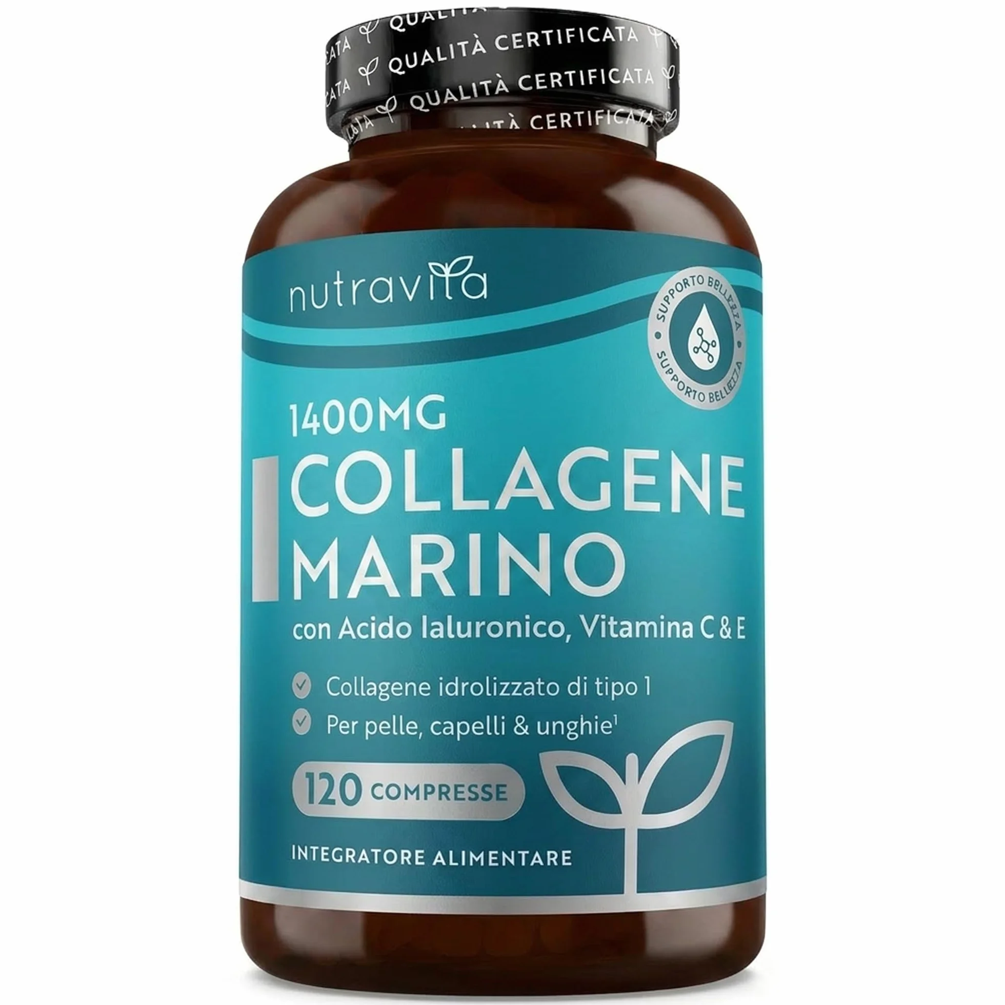 Nutravita Collagene Marino con Acido Ialuronico 1400mg - 120 Compresse - Integratore per Capelli, Pelle e Articolazioni