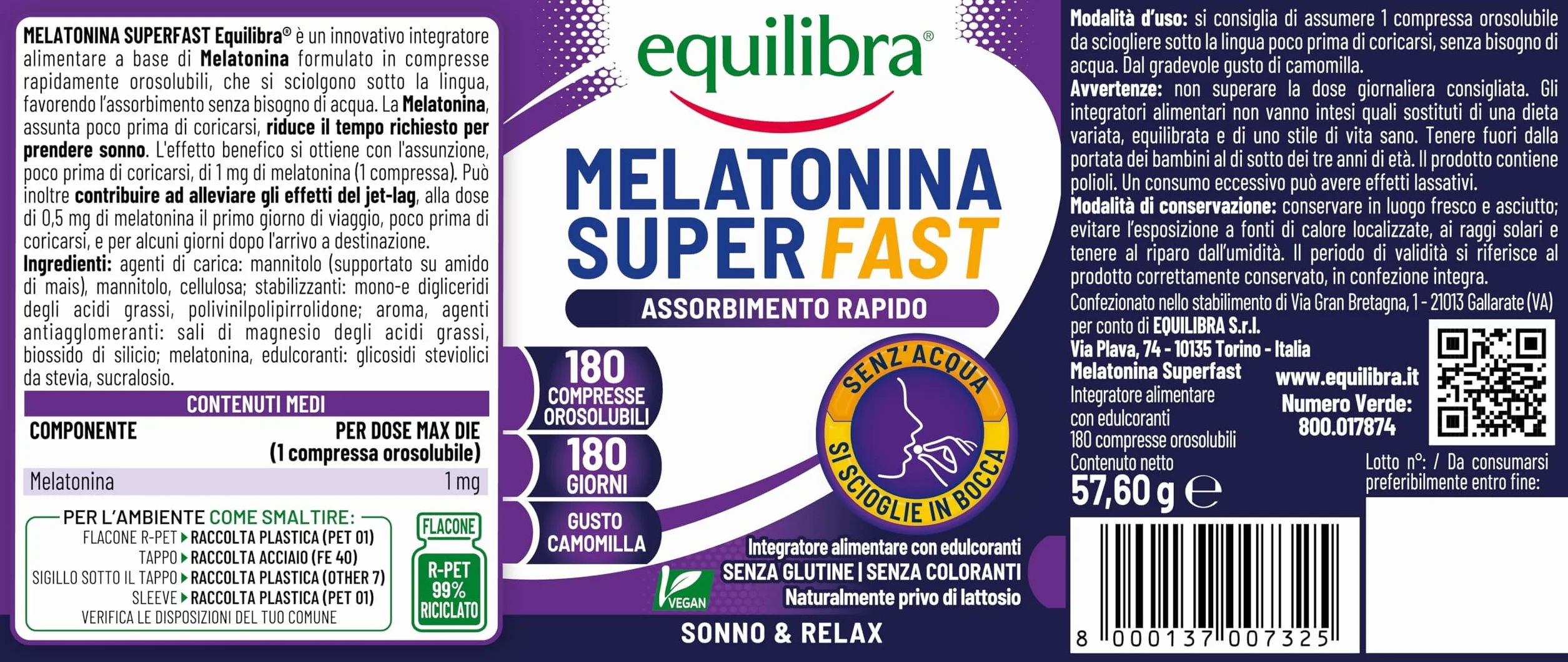 Equilibra Melatonina Super Fast 180 Compresse Orosolubili Integratore Sonno Rapido