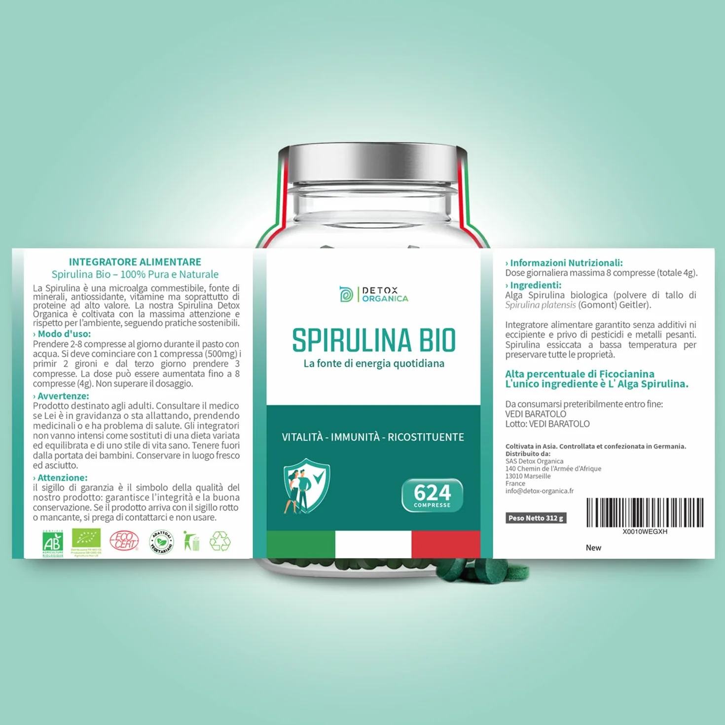 Detox Organica Spirulina in polvere BIO 250g Ricca di Ficocianina Ferro Vitamine Minerali Proteine Alga Spirulina Pura