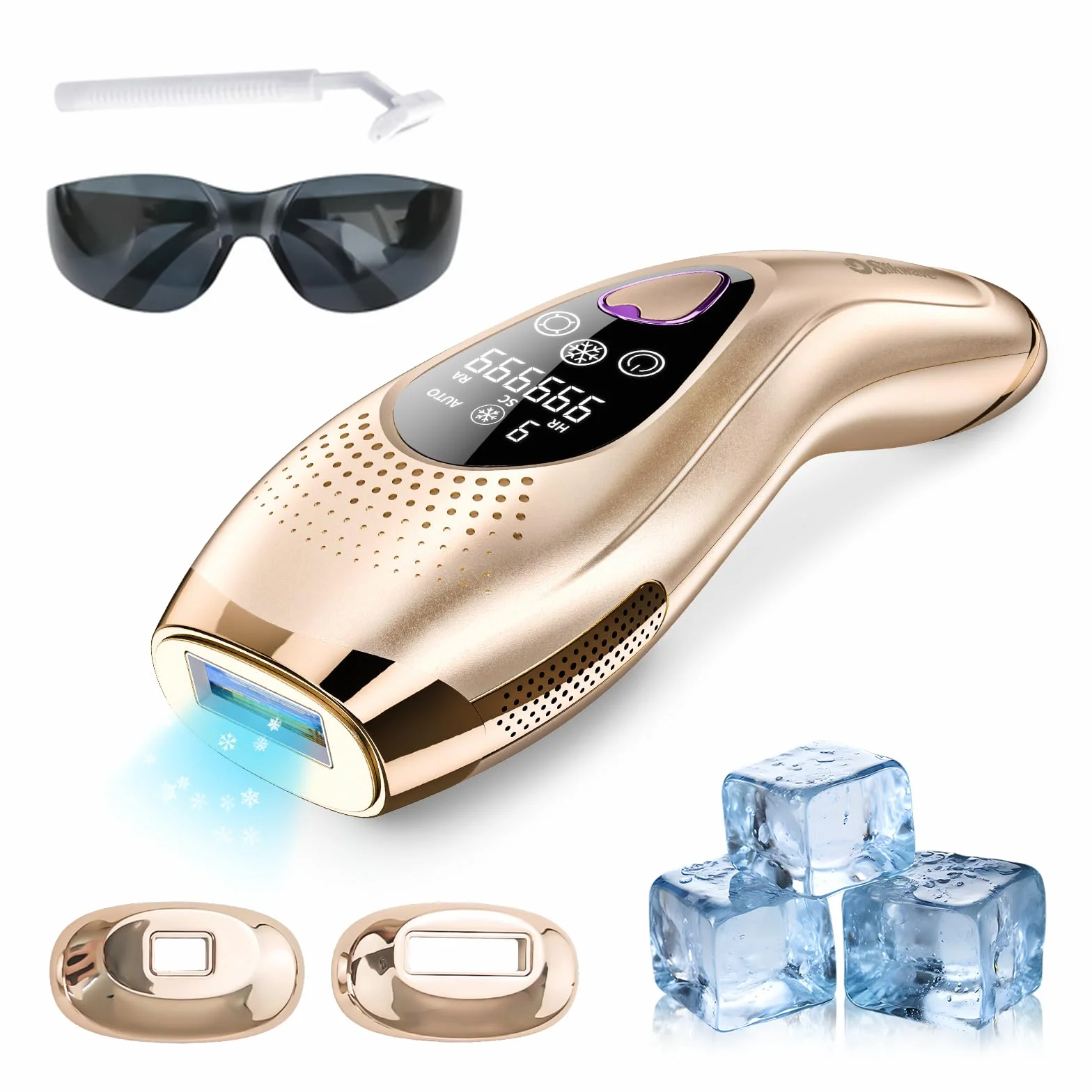 Epilatore Luce Pulsata 9 Livelli Con 6 Accessori, Epilatore Laser Peli Donna/Uomo Con Modalità Manuale E Automatica, Sensore Di Contatto, Funzione Ice Cool per,oro