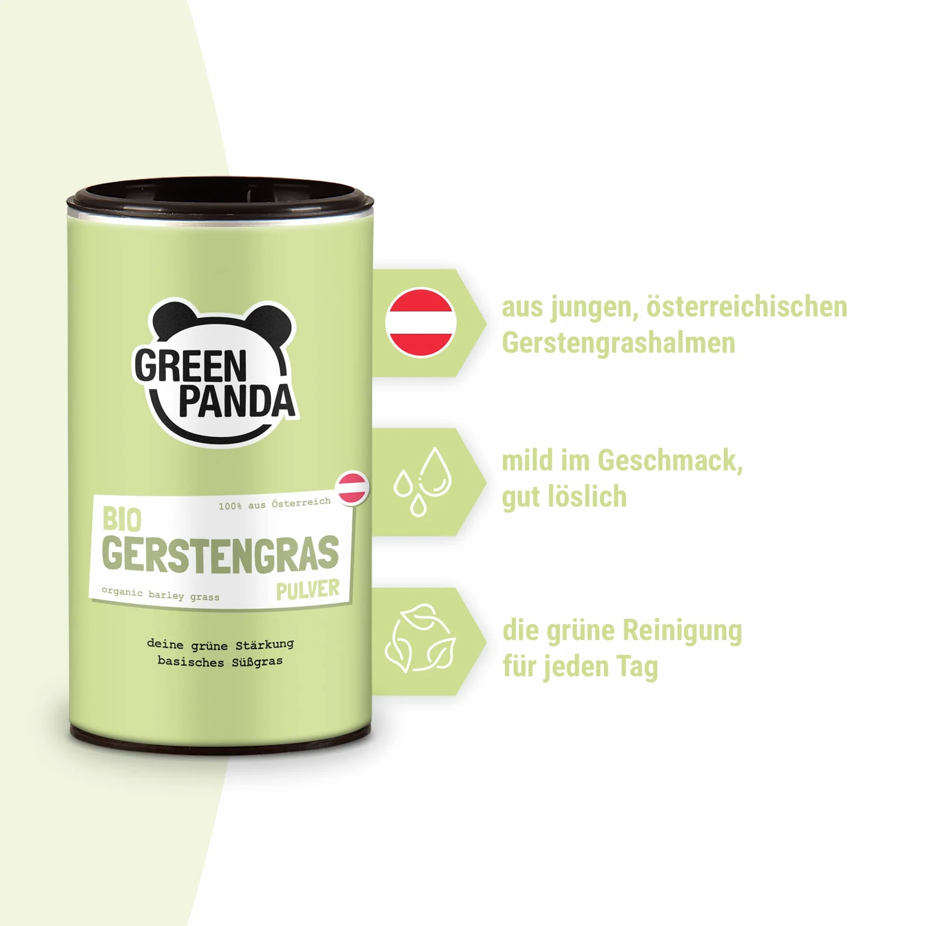 GREEN PANDA® Polvere di erba d'orzo biologica dall'Austria, succo in polvere per frullati verdi, clorofilla da bere, scatola sostenibile in cartone