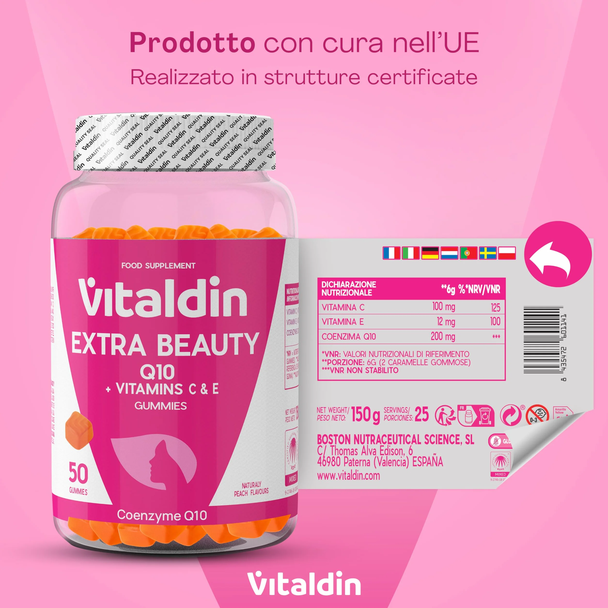 VITALDIN Coenzima Q10 Gummies – Integratore di Bellezza – 200 mg di CoQ10 per dose + Vitamina C & E – 50 Caramelle Gommose (fornitura per 1 mese), Gusto Pesca – Antiossidante – Senza Glutine