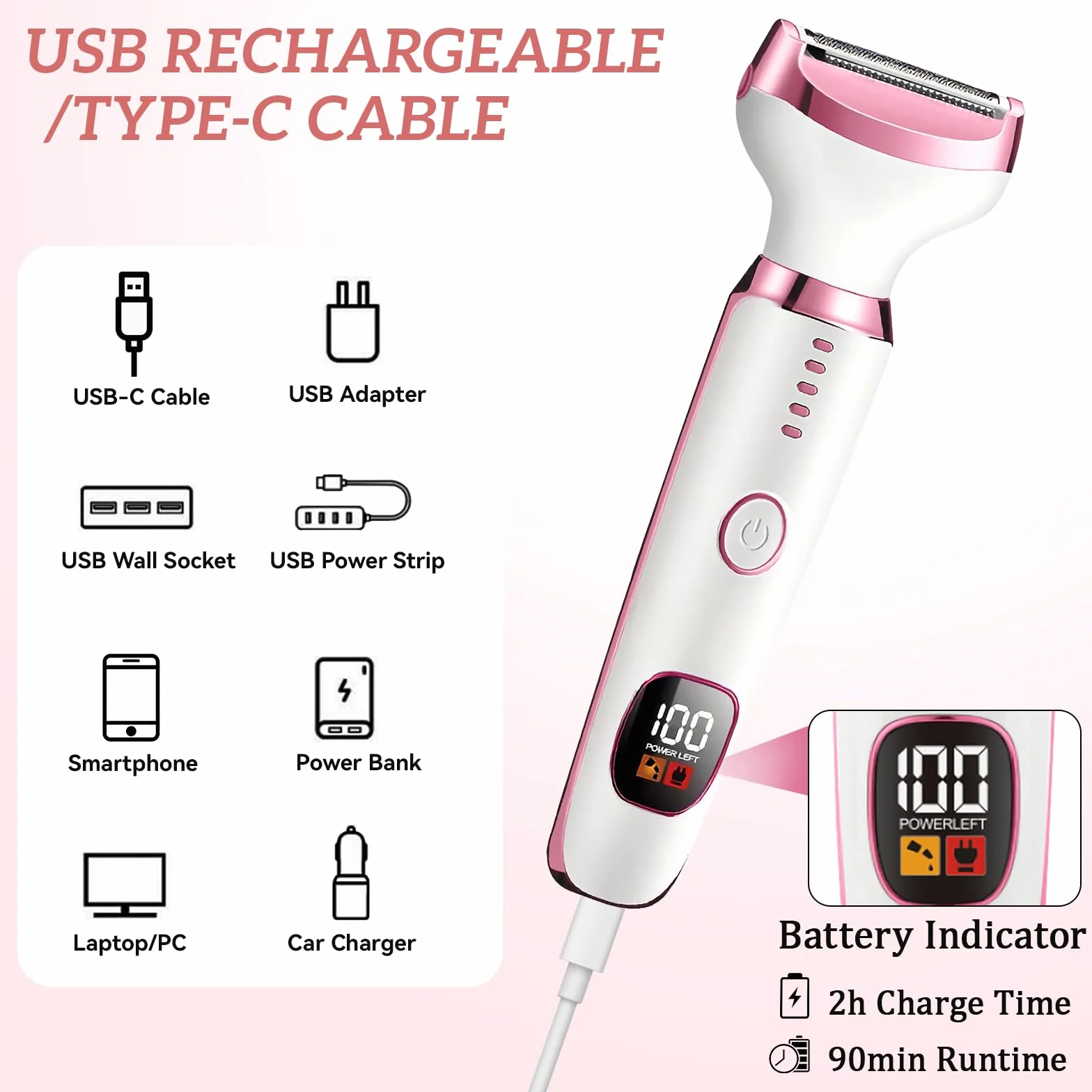 Rasoio Elettrico Donna, 5 in 1 Rasoio Elettrico Donna, Epilatore Intimo Donna, Utilizzo a Secco e Bagnato, per Bikini, Ascelle, Gambe, Sopracciglia e Naso, con Display LED, Ricarica USB