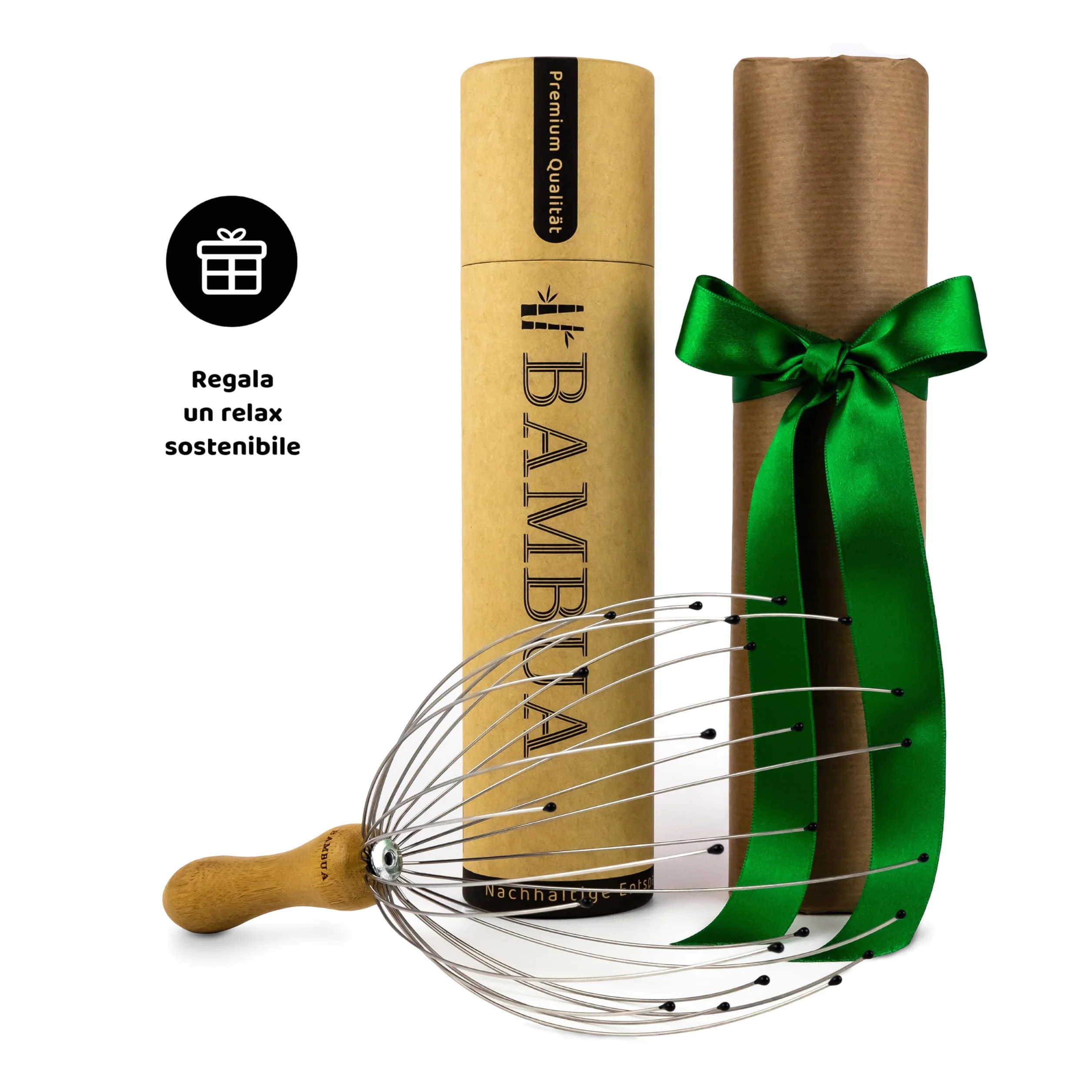 BAMBUA - Massaggiatore Testa Capelli (Manico in bambù) con 24 Dita - Massaggio testa di Alta Qualità per una Sensazione di Relax Sostenibile - Massaggiatore Cuoio Capelluto