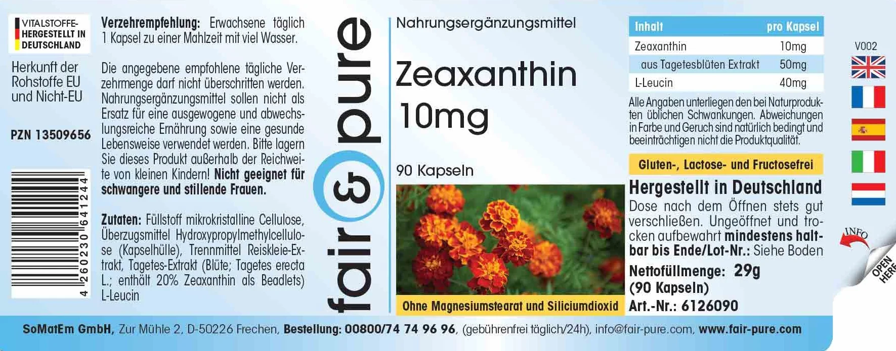 Fair & Pure Zeaxantina 10mg Naturale da fiore di calendula Vegan 90 Capsule