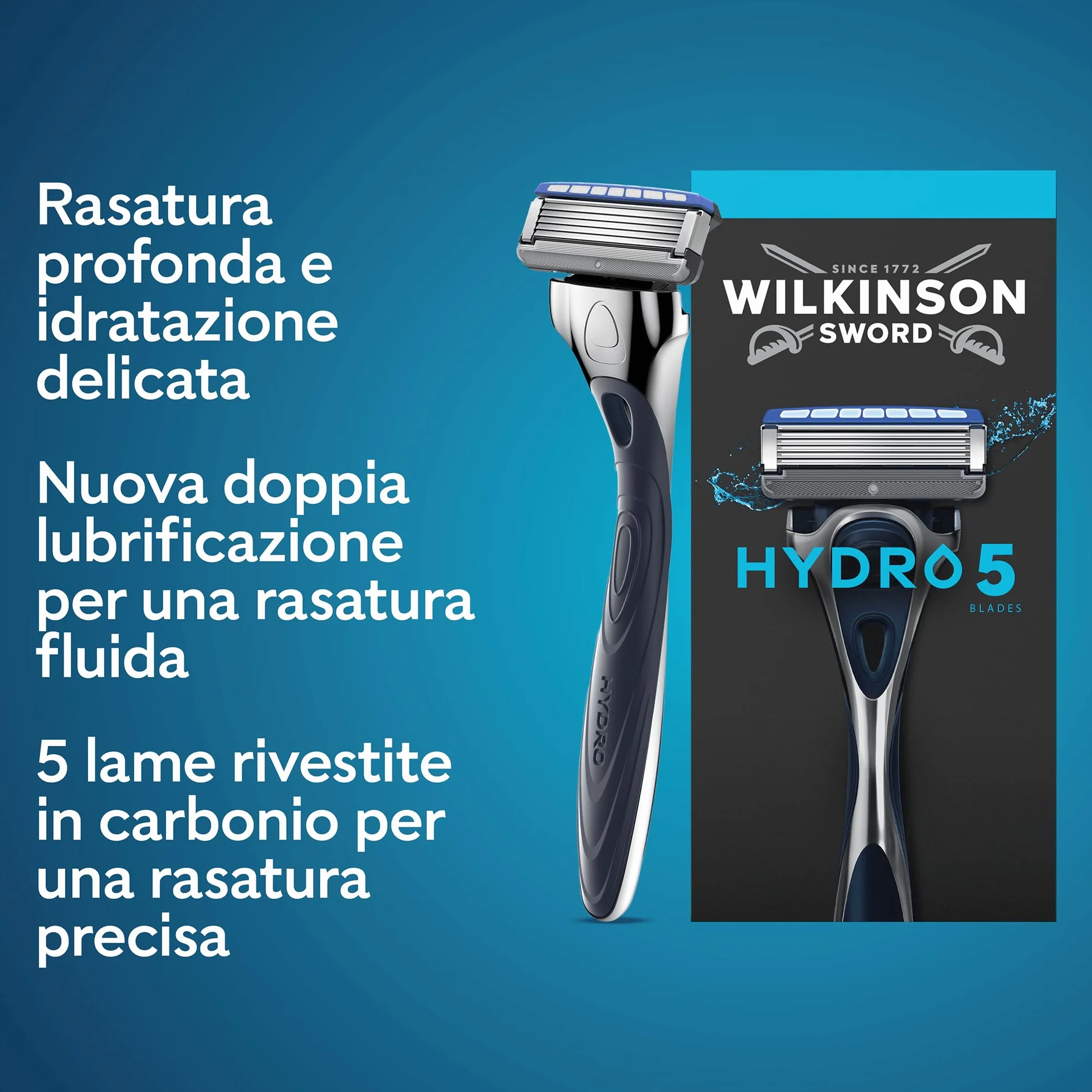 Wilkinson Sword Hydro 5, rasoio da uomo ad azione idratante con lame rivestite in carbonio, manico + 1 ricarica