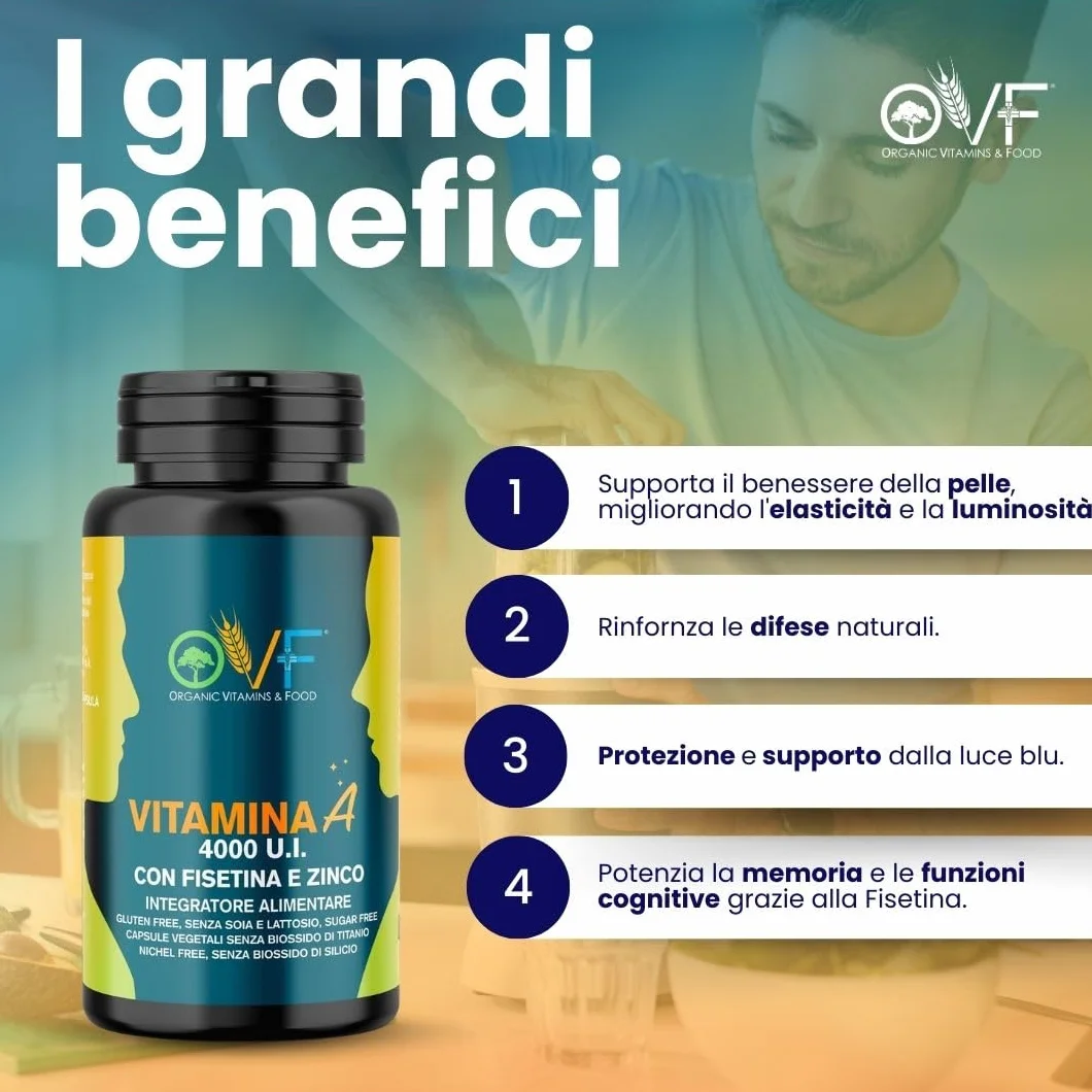 OVF Vitamina A Pura con Fisetina e Zinco - 60 Capsule con 4000 U.I. per dose giornaliera - Supporto alla Vista e al Sistema Immunitario - Vitamina A da Retinolo