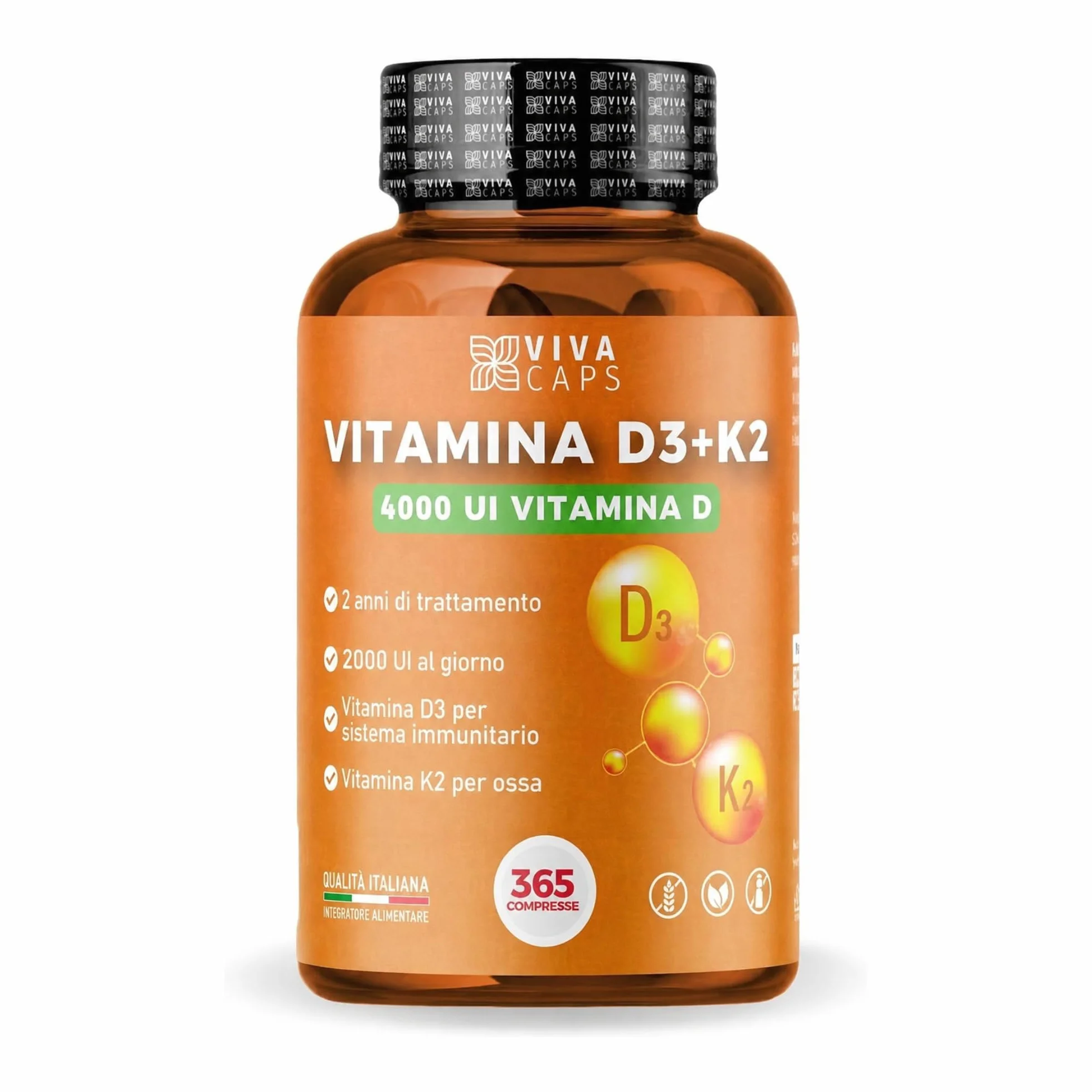 Vitamina D3 K2 MK7 Vegana Alto Dosaggio 365 Micro Compresse 4000 UI 200 mcg Menachinone Sistema Immunitario Ossa Denti Made in Italy